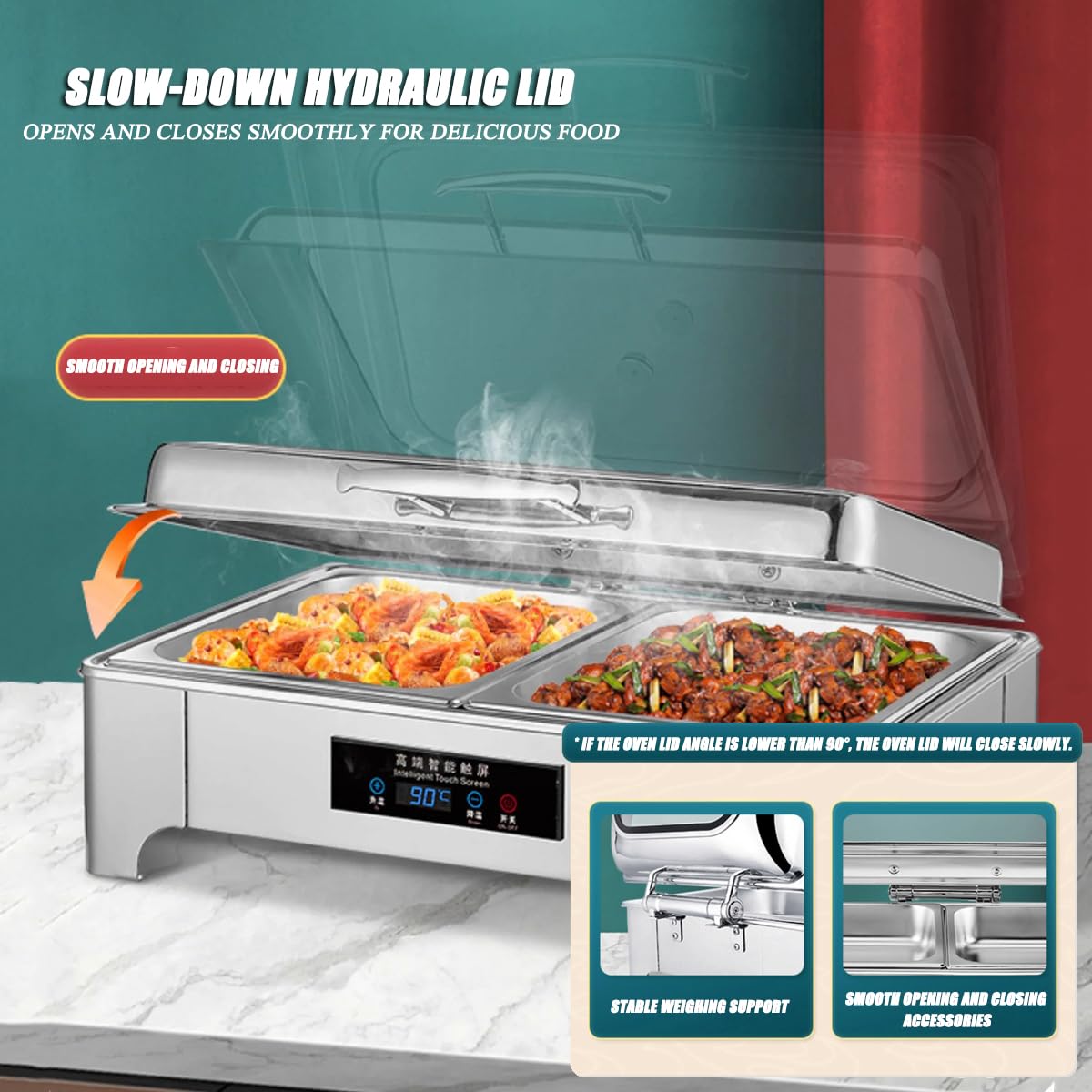 Servidor de buffet eléctrico y calentador de alimentos, temperatura ajustable, pantalla táctil, tapa de vidrio, acero inoxidable fácil de limpiar para fiestas y vacaciones, plato portátil para