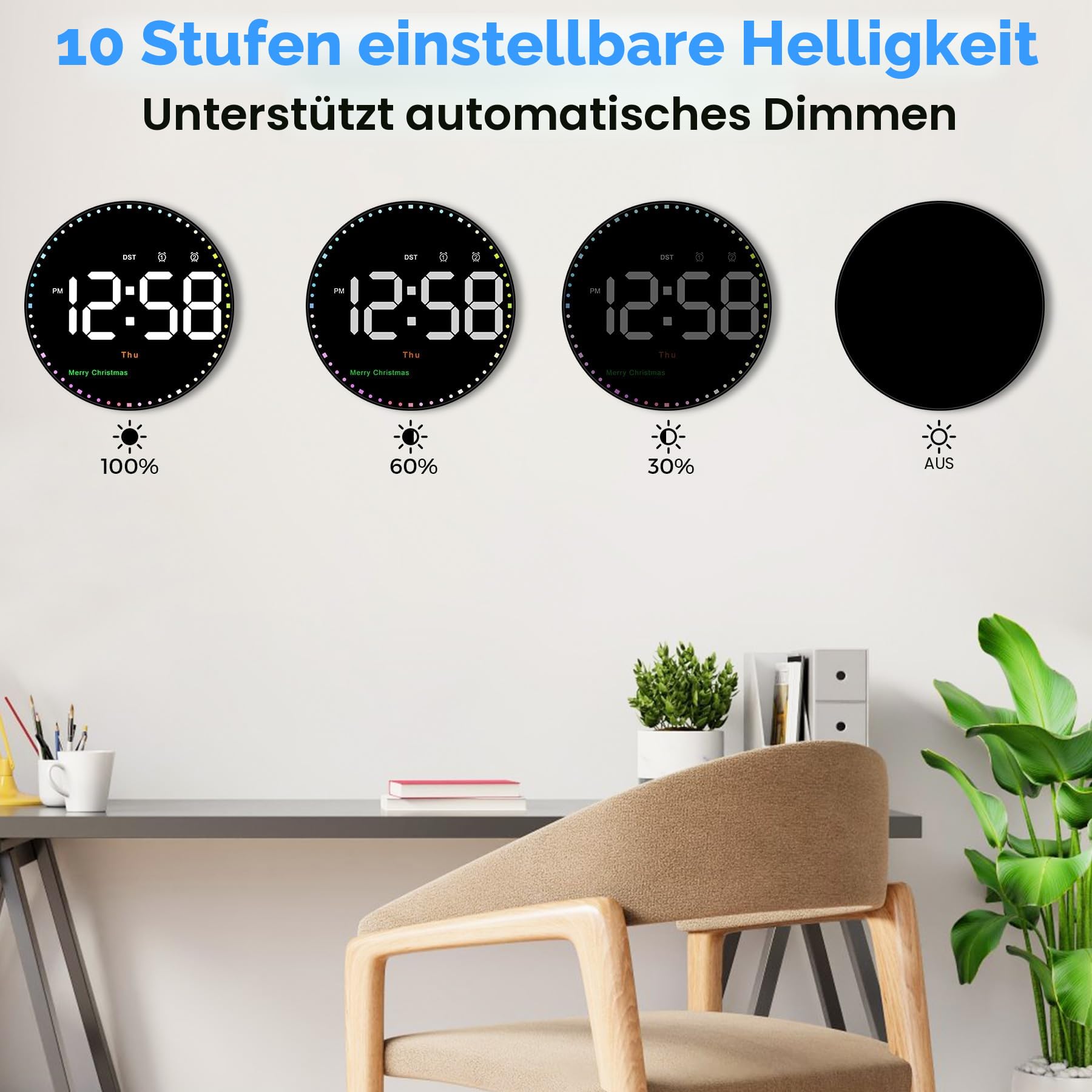 Sukeen Wanduhr Digitale Groß mit Fernbedienung, 10'' Digital Uhr, LED Wecker Datum/Tag/Temperatur/Timer/Countdown/2 Alarme, ohne Ticken für Wohnzimmer/Büro/Schule/Fitness