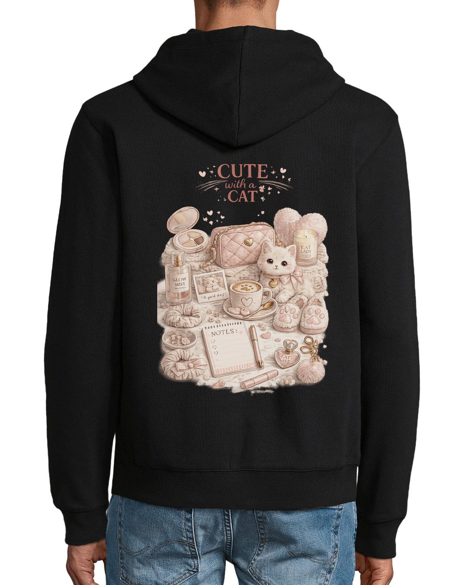 Cozy Cat and Soft Accessories - Sudadera con capucha de mezcla de algodón con cremallera, color negro