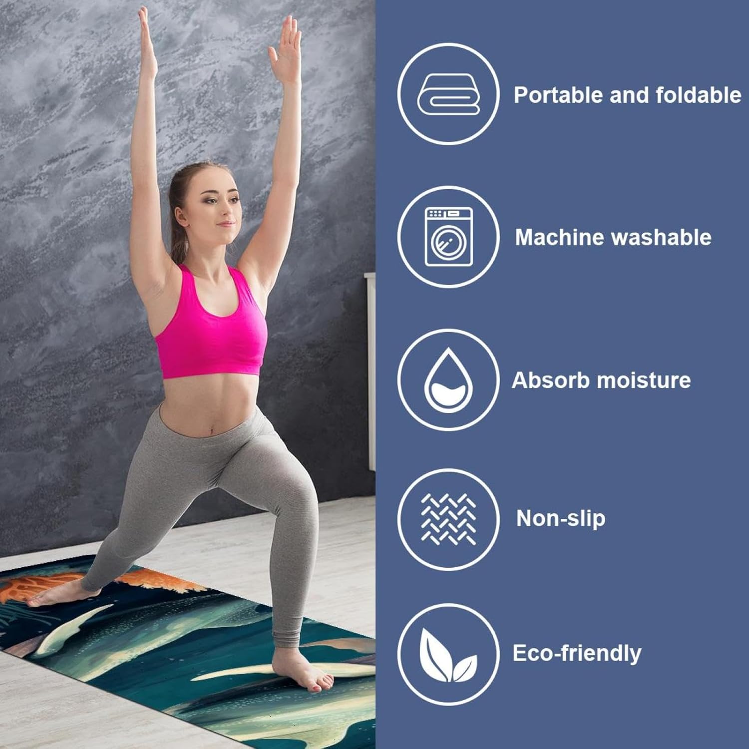 Yoga Towel, Whale Sea Pattern Non Slip Sweat Absorbent Hot Yoga Mat Towel for Hot Yoga, Pilates and Fitness - 72.8" x 26.8"