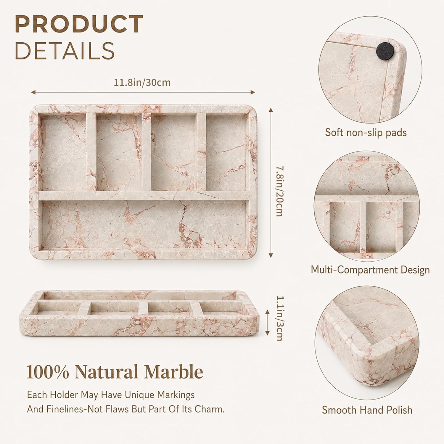 Luxury 100% Natural Marble Vanity Tray Genuine Stone Decorative Tray | Multi-Compartment Stone Catchall Organizer, 11.8" x 8". Desk Storage for Kitchen, Bathroom, Bedroom, Home Decor, Pink