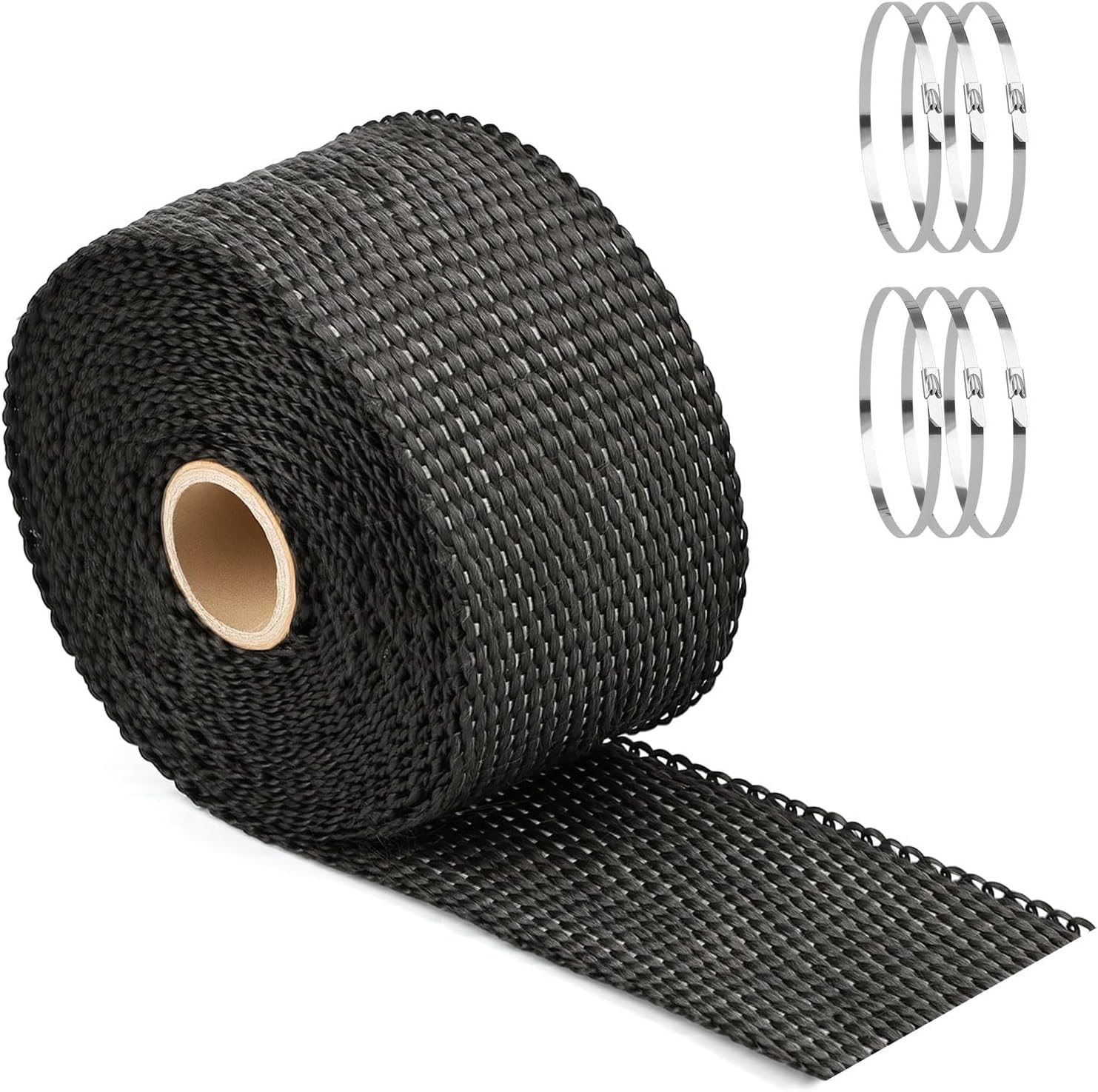 Exhaust Heat Wrap Roll, 2" x 16' Fiberglass Heat Shield Tape, Black Header Wrap with 6 pcs Stainless Ties for Motorcycle Car Truck Exhaust Pipes