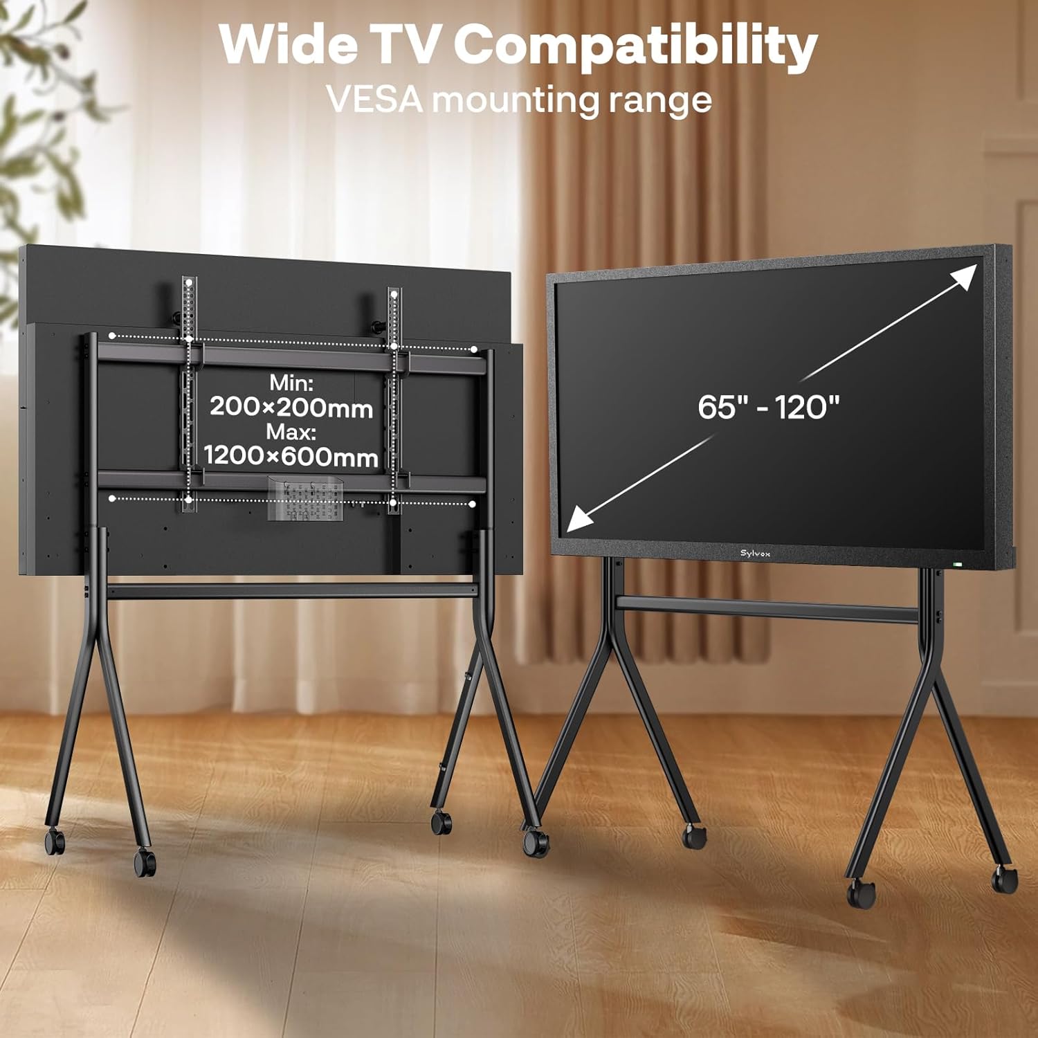 Sylvox TV Floor Stand for 60-120 Inch TVs, Heavy Duty Rolling TV Stand Max Load 330LBS/150kg, Mobile TV Cart with Lockable Wheels, Universal Flat/Curved Screen Mount, VESA 200x200 to 1200x600mm 60" to 120" TV image 5 of 9 B0FD3C5CFN