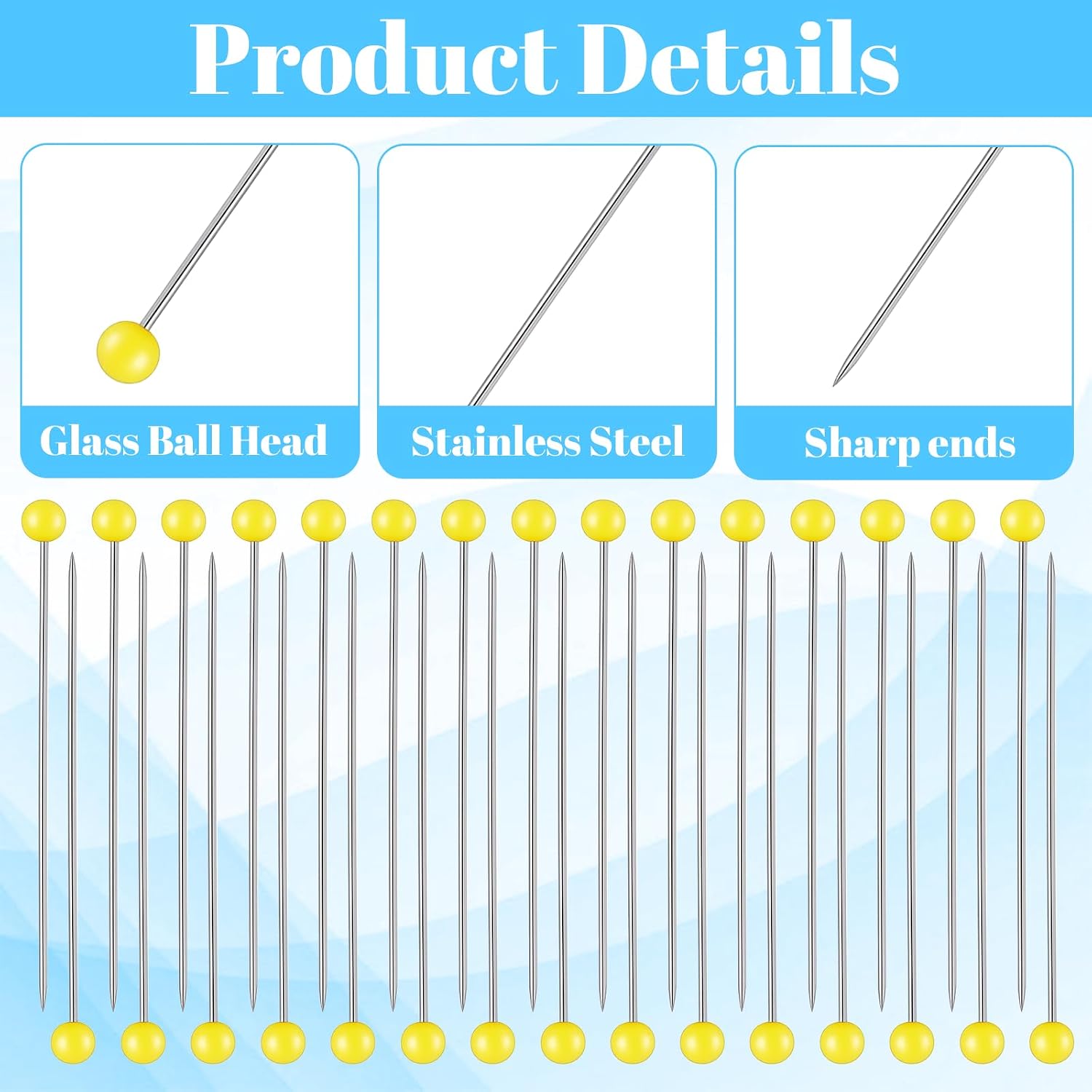 500 PCS Glass Head Sewing Pins, 1.75 Inch Long Yellow Straight Pins for Sewing, Quilting, Crafts & DIY Projects