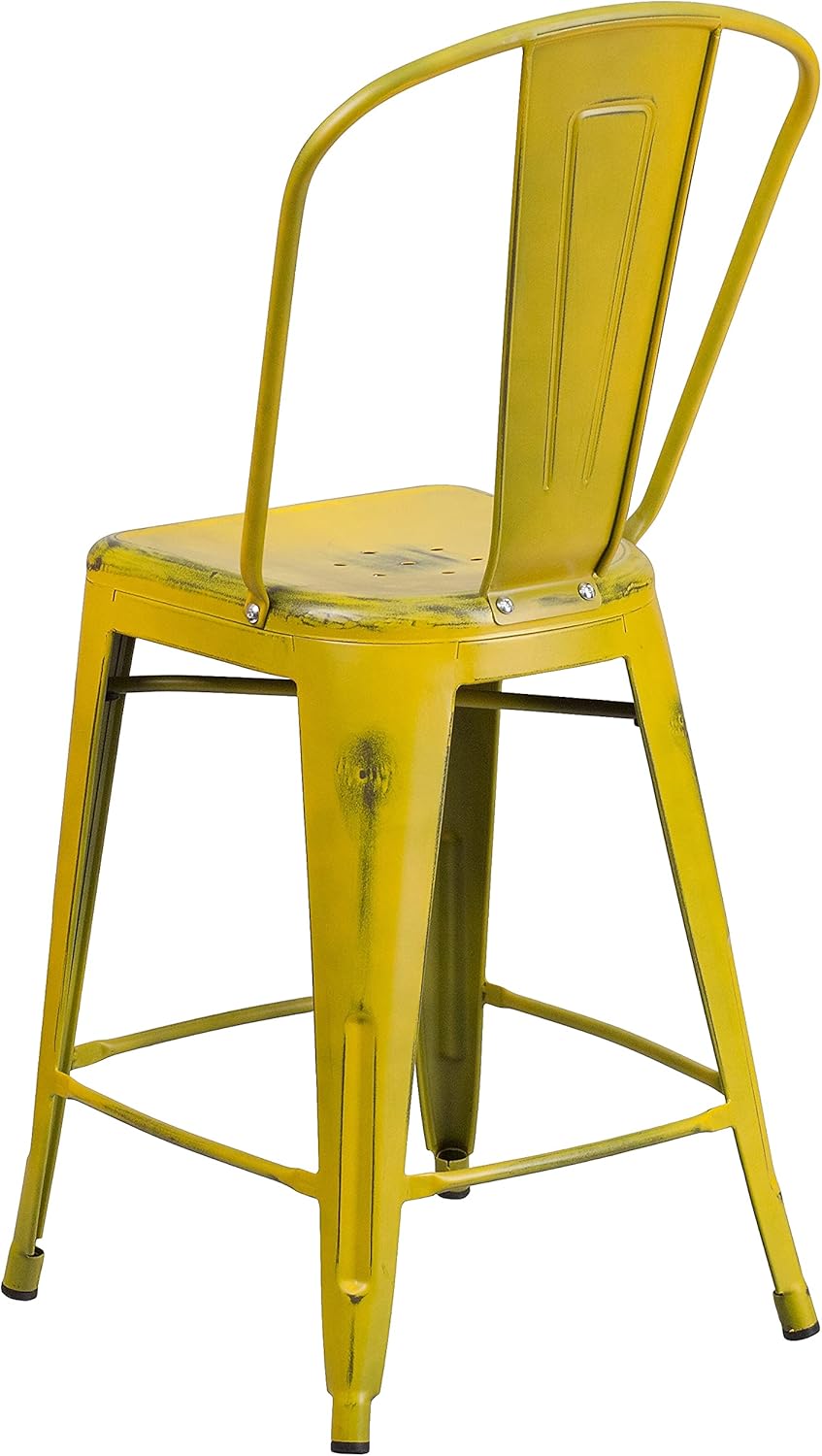 Flash Furniture Blake Commercial Grade 4 Pack 24" High Distressed Yellow Metal Indoor-Outdoor Counter Height Stool with Back