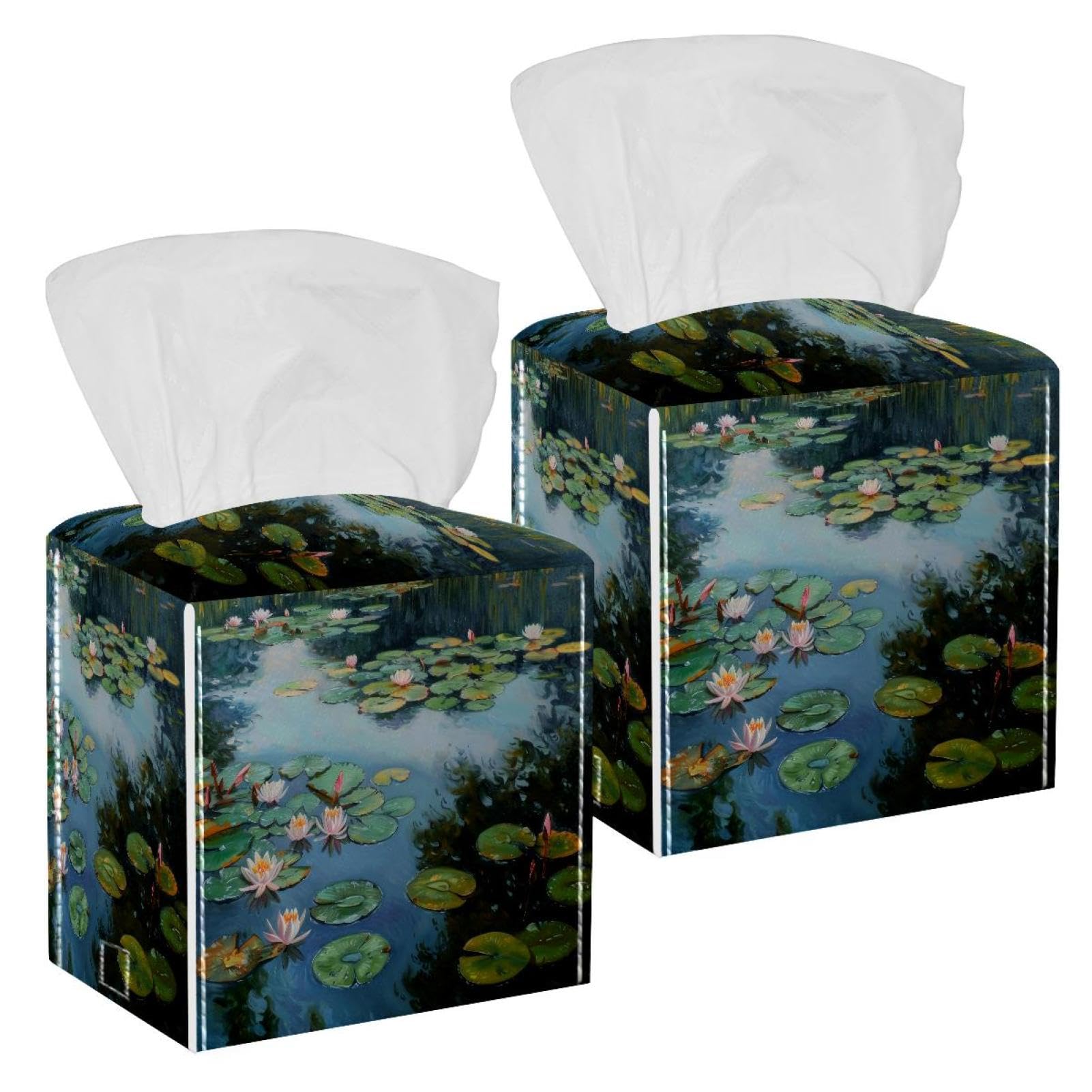 Water Lily Lotus Tissue Box Cover, 2 Pack PU Leather Square Facial Tissue Dispenser Box holder for Home Office Car