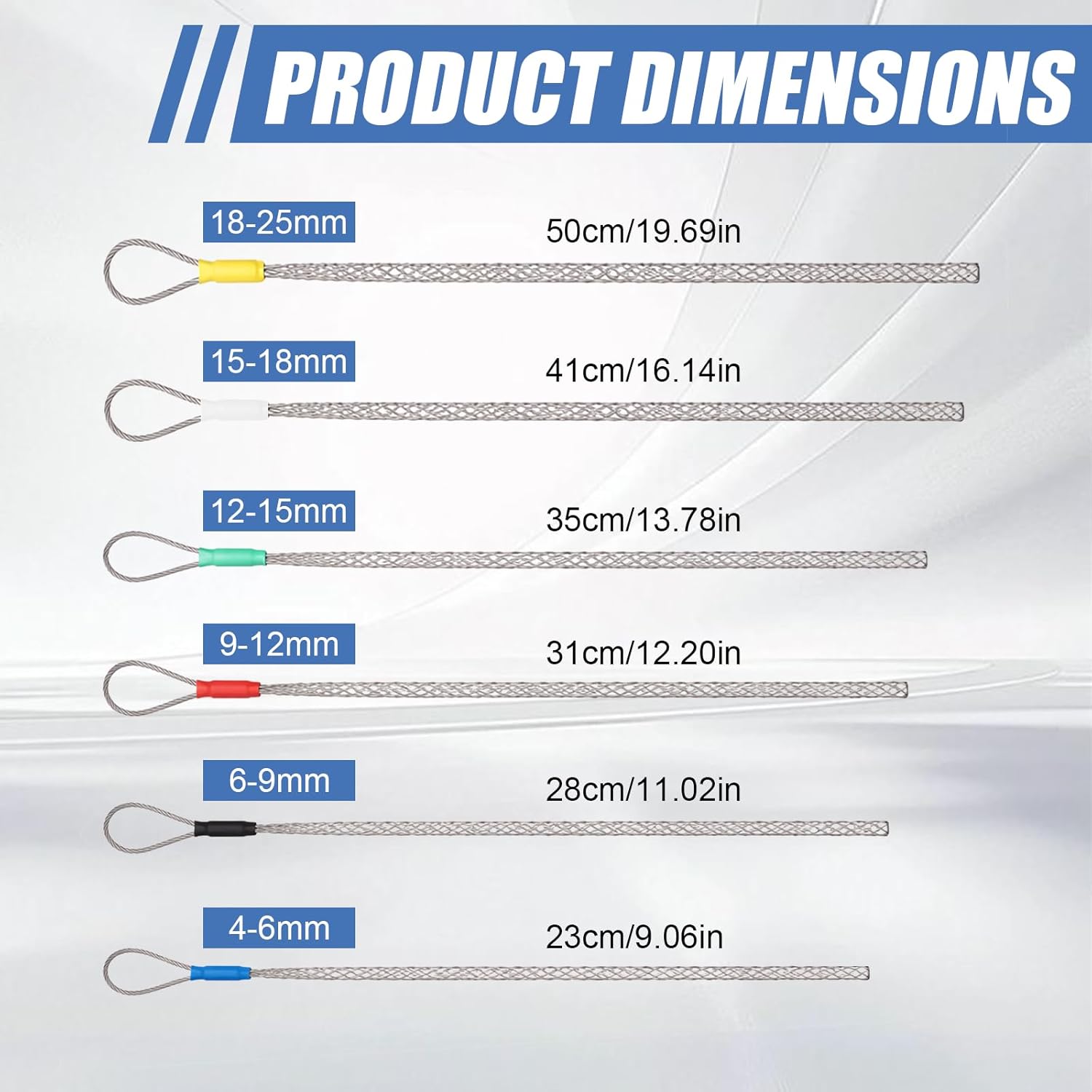 6 Pcs Cable Puller Socks 4–25mm, Cable Pulling Sock Mesh Grip with Eye Loop, Heavy Duty Multi-Size Wire Pulling Socks for Electricians