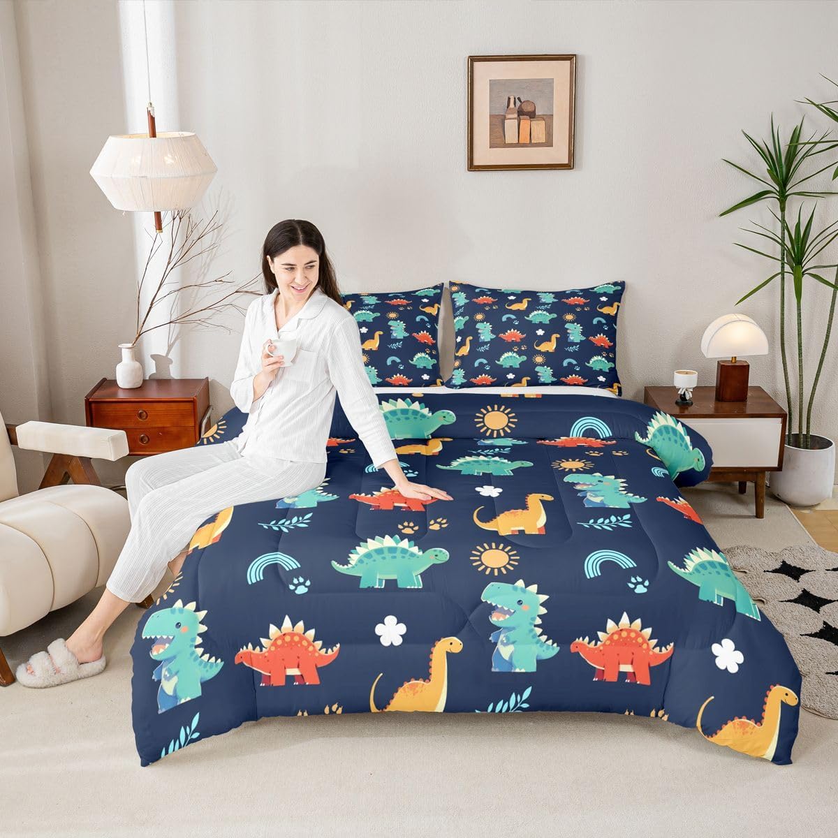 Feelyou Cute Dinosaur Comforter Set All Season Cartoon Dinosaur Bedding Set with 1 Pillow Cases Wild Animal Kids Twin Bedclothes Rainbow Duvet Quilt Breathable Soft Lightweight
