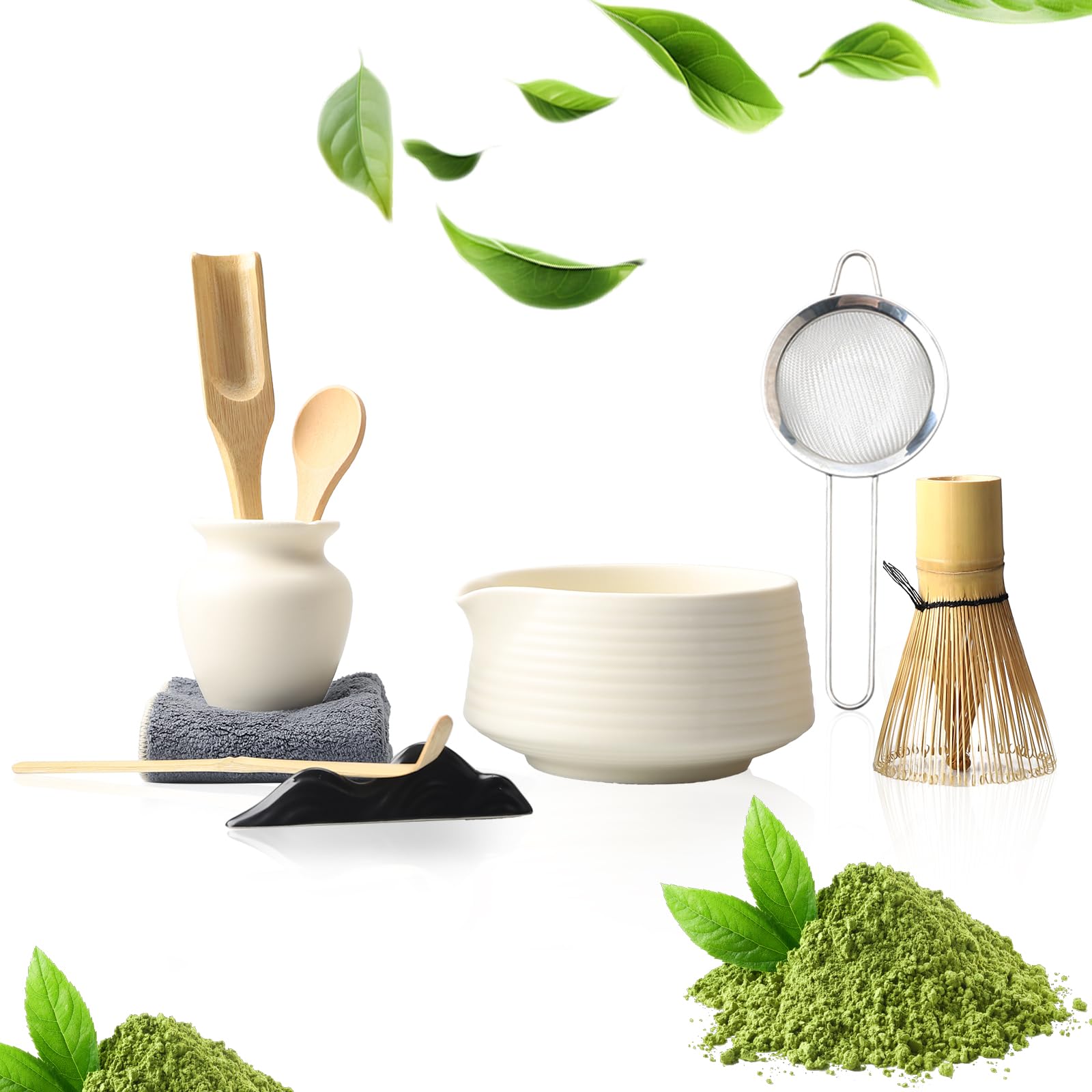 Set Matcha 9 Pezzi Bianco Opaco – Kit Cerimonia del Tè Giapponese con Ciotola con Beccuccio Frusta in Bamboo 2 Cucchiai Chashaku Pesce Supporti Chakin e Filtro
