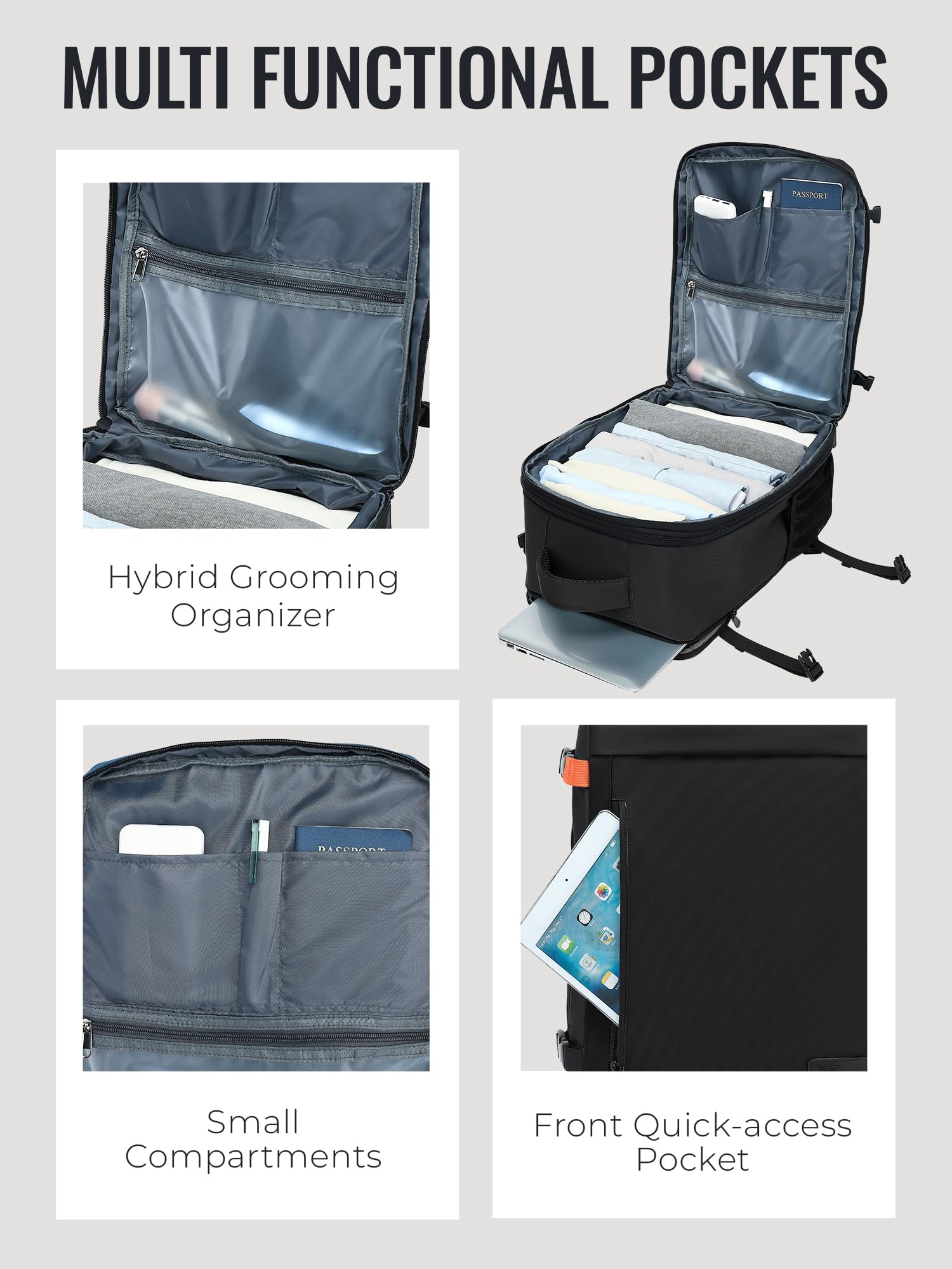 Yankony Handgepäck Rucksack 40x30x20, Erweiterbar 24-30L für Ryanair & Wizz