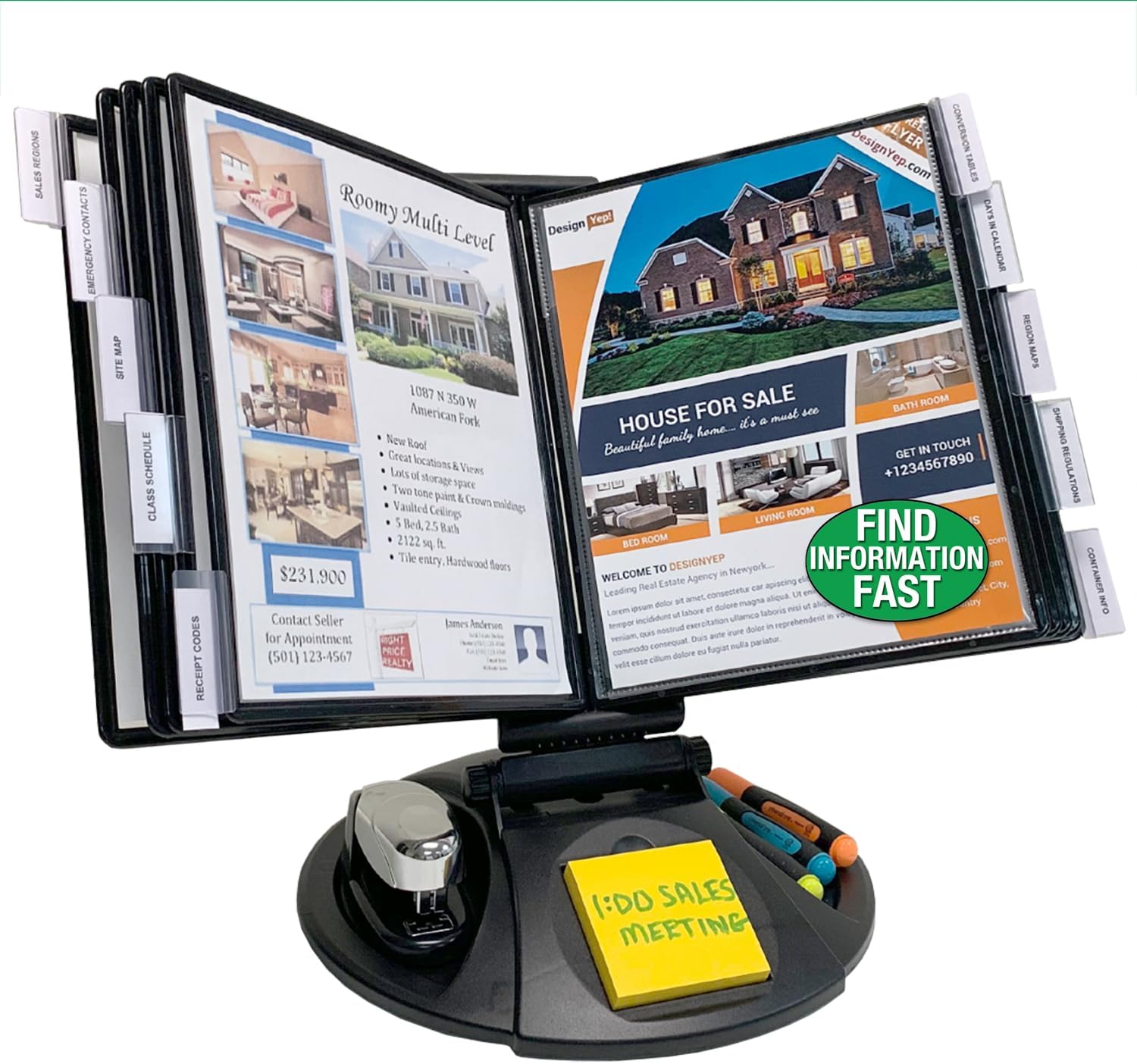 Ultimate Office AdjustaView 10-Pocket Desk Reference Organizer with Supplies Storage Base and EZ-Load Pockets to Hold 20 Sheets of Paper, Includes Fast Find Indexing Tabs, Black Pockets