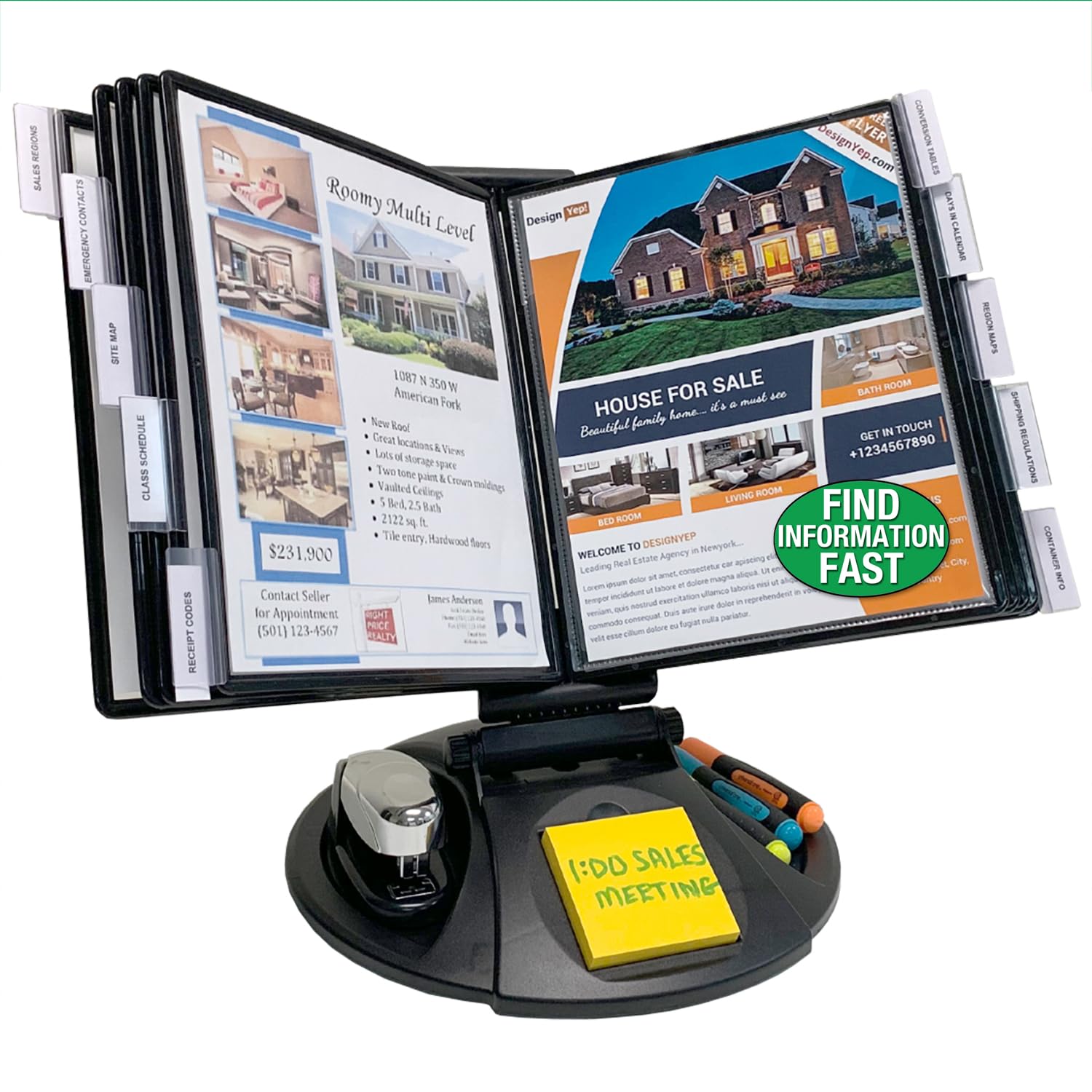 - AdjustaView 10-Pocket Desk Reference Organizer with Supplies Storage Base and EZ-Load Pockets to Hold 20 Sheets of Paper, Includes Fast Find Indexing Tabs, Black Pockets