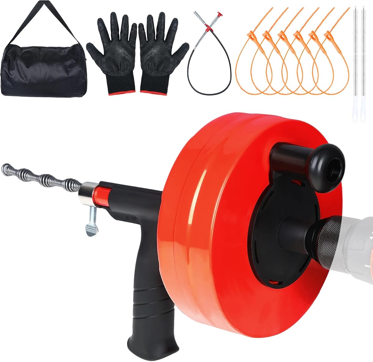 50FT Drain Auger, Dual-Mode Plumbing Snake with Drill Attachment, Sewer Pipe Clog Remover for Kitchen/Bathroom/Shower/Toilet, 6 Hair Clog Removers + Storage Bag, Destapador de tuberia (50 FT, Red)