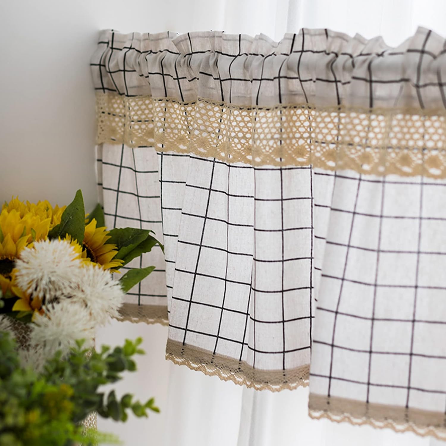 Kitchen Curtains Short Curtain Valances for Bedroom Living Room Tier Curtains for Kitchen Bathroom Kids Bedroom,Modern Country Style Cafe Curtains with Lace,Cotton Linen Bistro Curtains Half Curtain