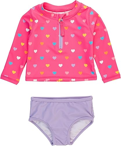 RuffleButts UPF50+ Colorful Hearts Long Sleeve Zipper Rash Guard 2-Piece - 18-24m