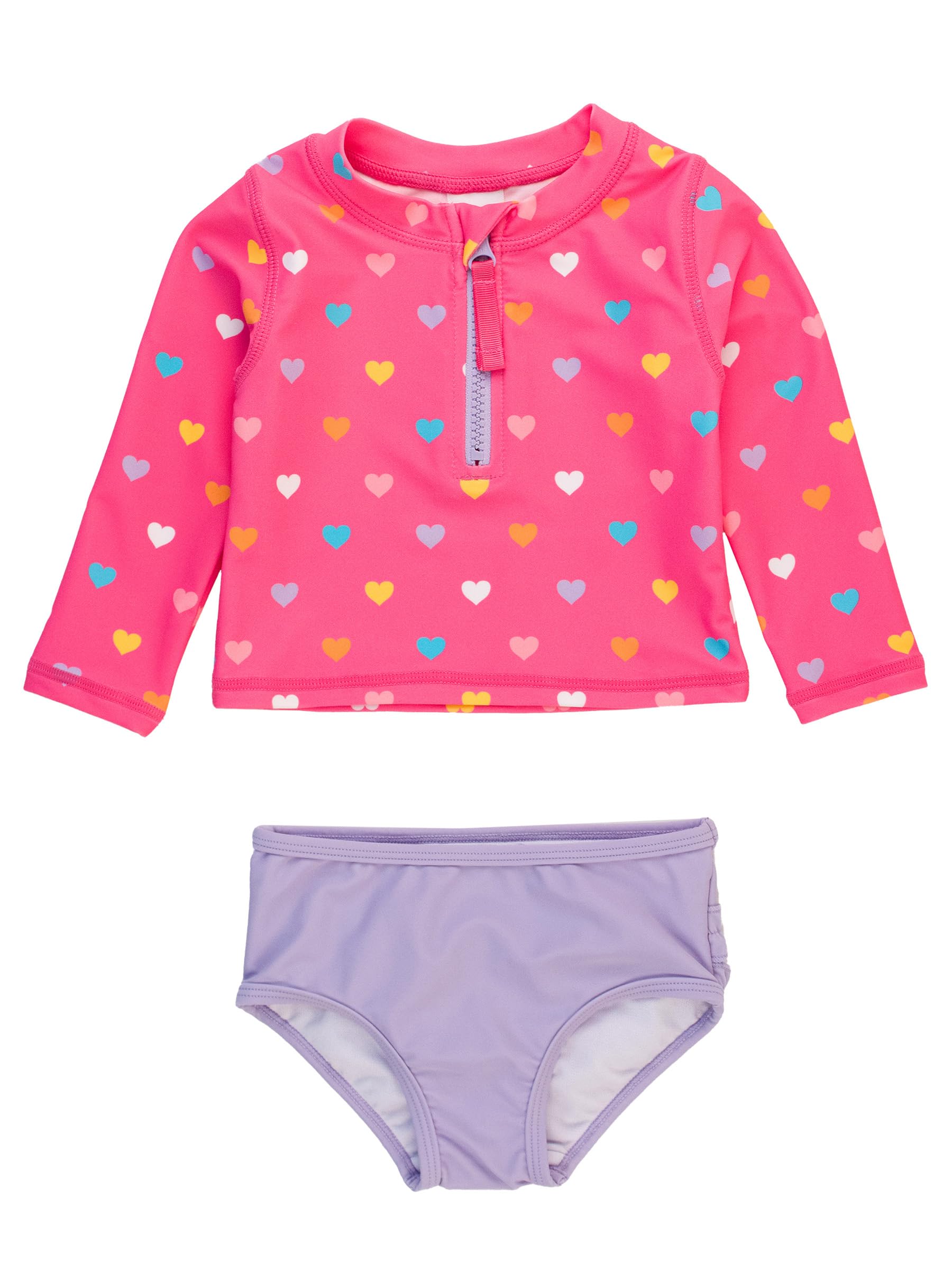 RuffleButts® Baby/Toddler Girls Long Sleeve Rash Guard 2 Piece Swimsuit Set w/UPF 50+ Sun Protection with Zipper