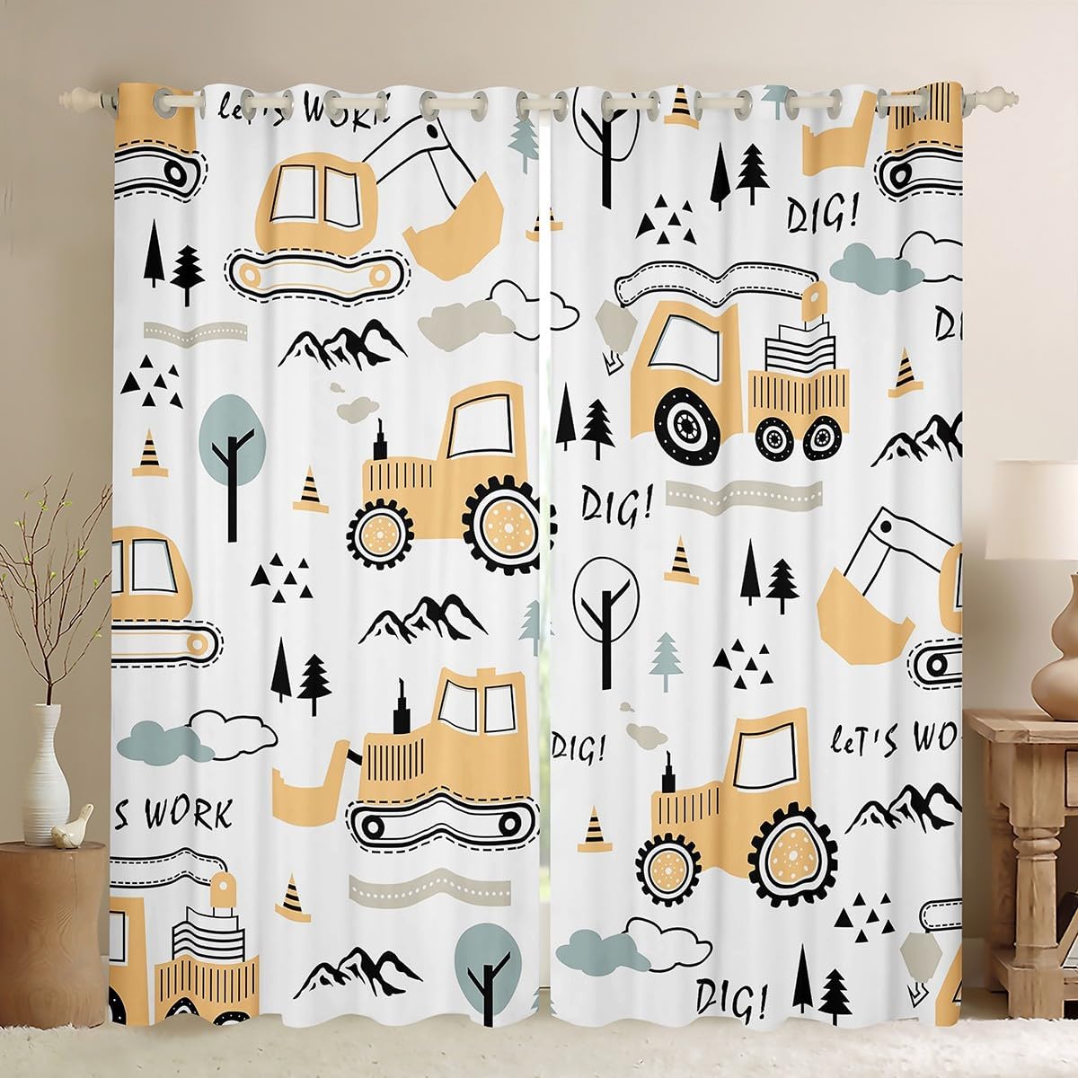 Feelyou Construction Curtains for Bedroom for Equipment Trucks Blackout Curtains Excavator Tractor Darkening Drapes (2 Panels, 42 x 84 Inch) Construction Vehicles Yellow Black Window Treatments