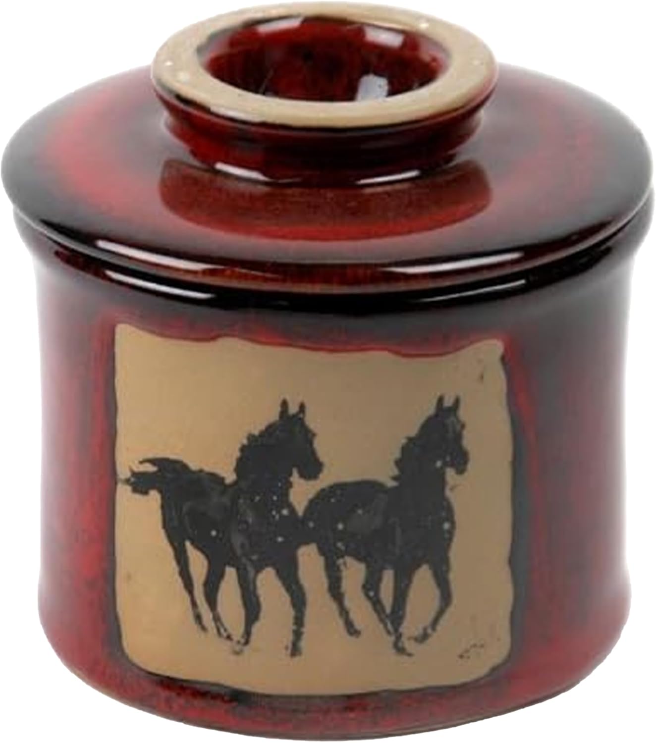 ALWAYS AZUL POTTERY French Butter Keeper with Double Running Horse Design in Real Red Glaze - Handcrafted Ceramic Stoneware - French Butter Keeper Dish - Handmade Butter Container - Artistic Pottery