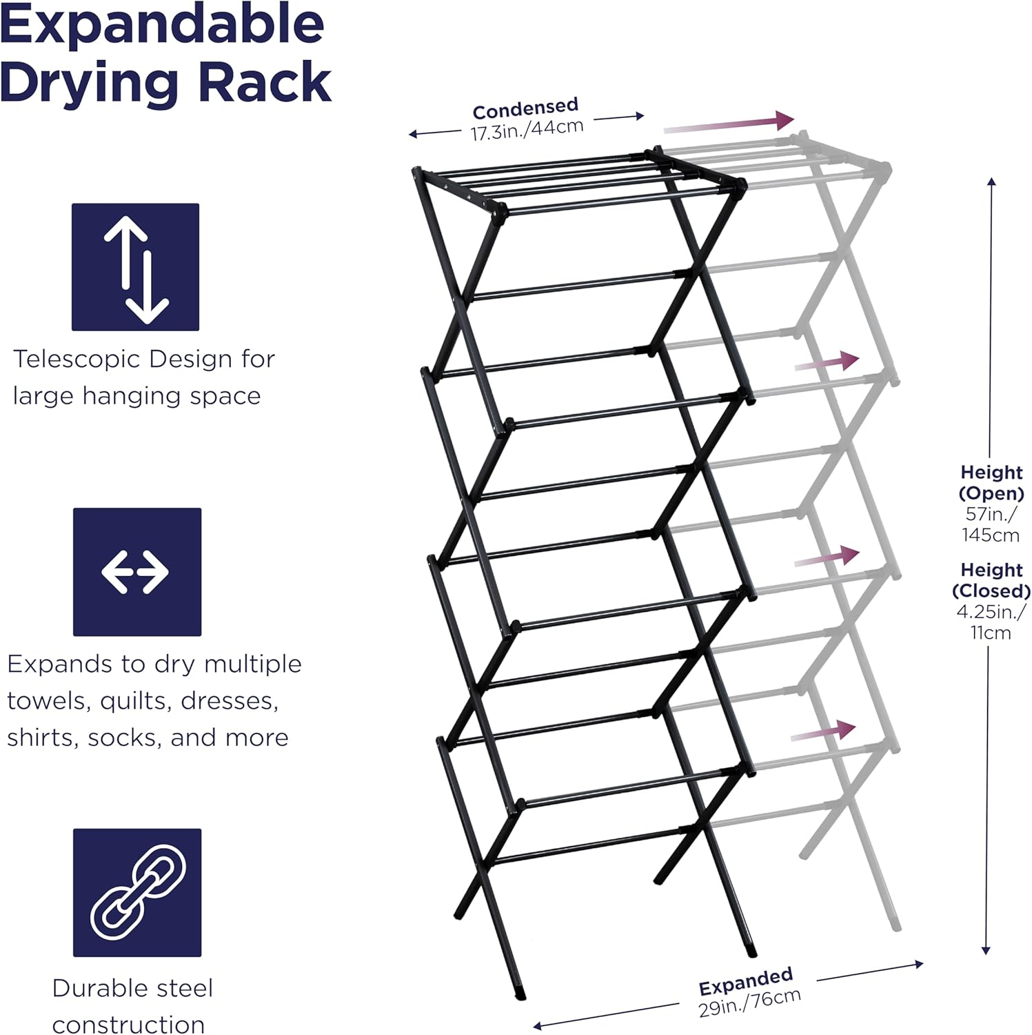 BLACK+DECKER 4-Tier Expandable Collapsible Clothes Drying Rack, Telescopic Height, Foldable Space-Saving Laundry Air Dryer for Towels, Shirts & Delicates – Durable Steel, No Tools Needed