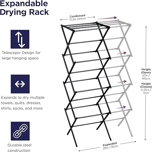 Miniatura 2 de BLACK+DECKER Escurridor de ropa plegable expandible de 4 niveles, altura telescópica, secadora de aire plegable que ahorra espacio para toallas,
