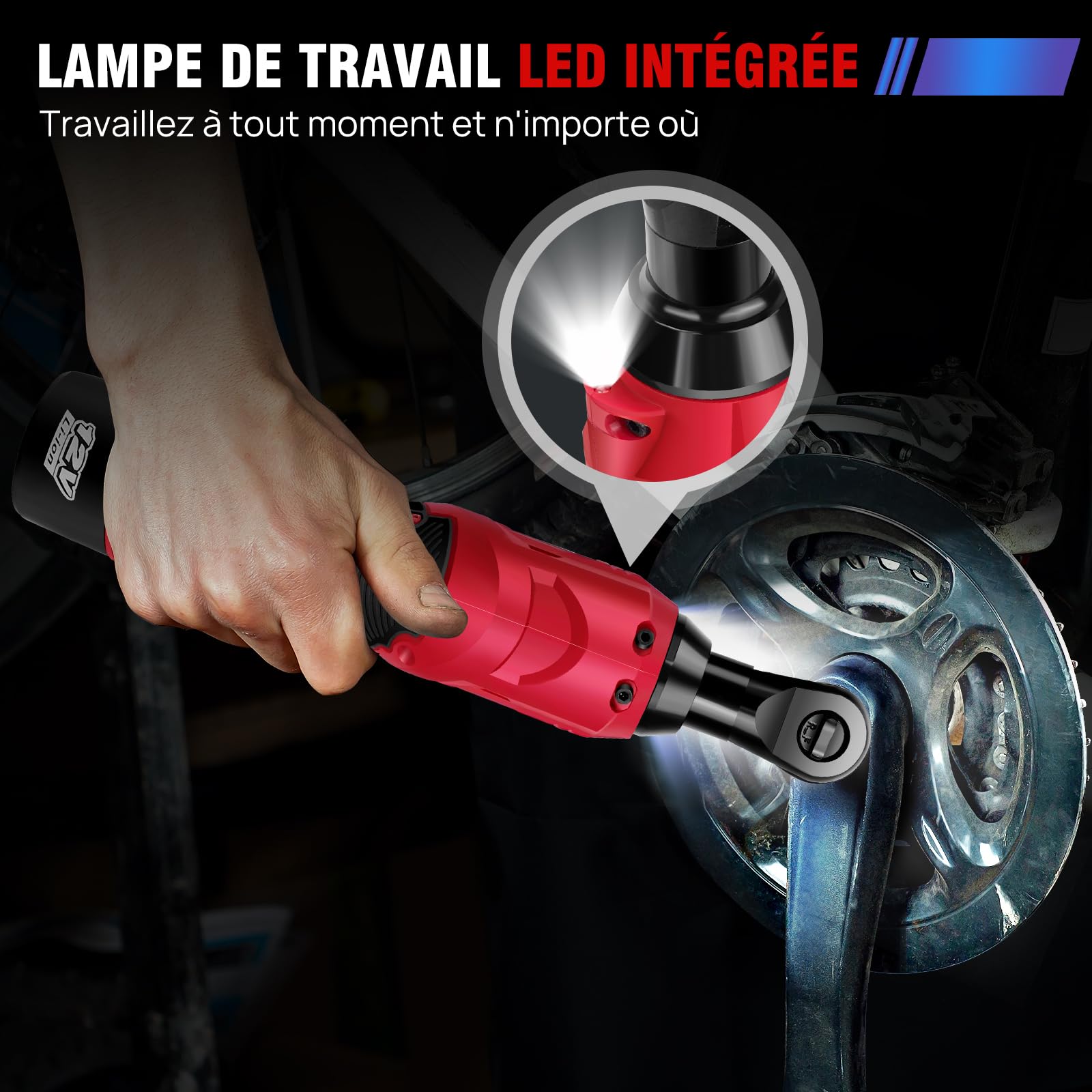 Clé à Cliquet Sans Fil 3/8'', Trousse à outils pour clé à angle droit 90°, 12V Électrique cliquet Clé avec lampe de travail à LED, 300RPM 40Nm Clé à cliquet, 2x1,5Ah batteries Charge rapide, 7 prises