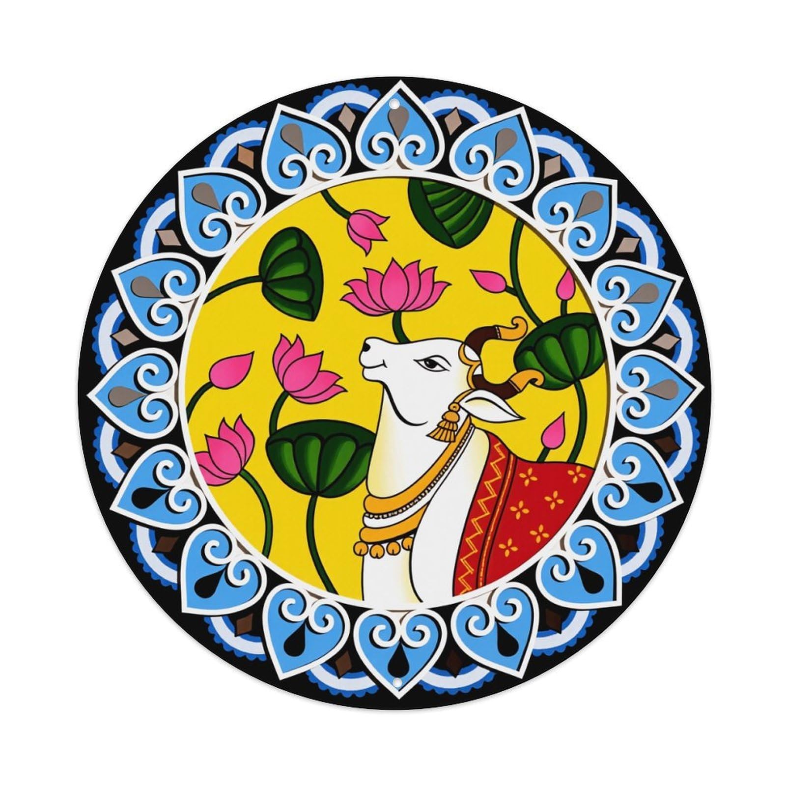 Colorful Mandala With Cow And Lotus Round Tin Sign Vintage Metal Poster, Home Bar Garage Man Cave Cafe Indoor & Outdoor Wall Decoration 8x8Inches