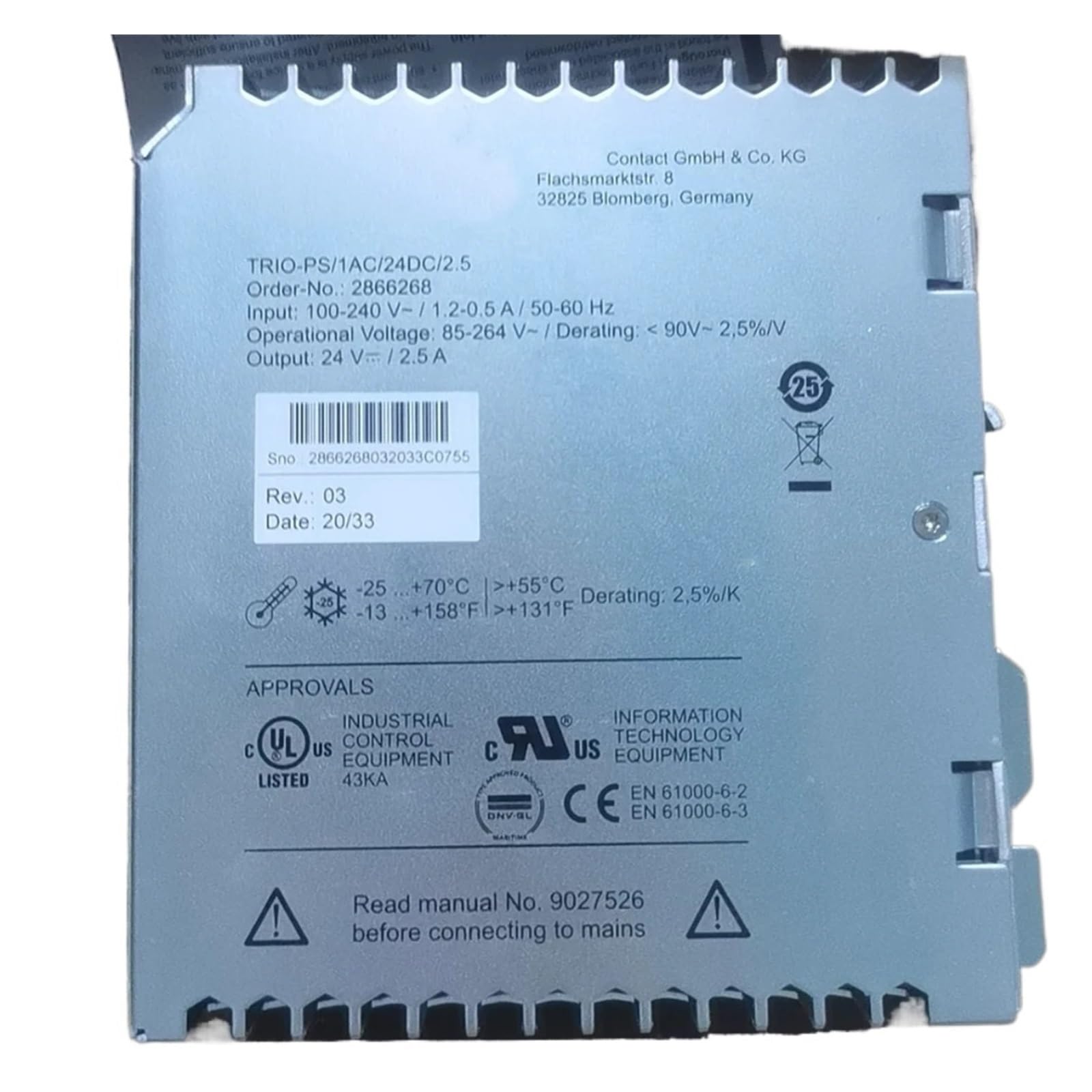 BFSYDLUJ 2866268 TRIO-PS/1AC/24DC/2.5 24VDC/2.5A Switching Power Supply