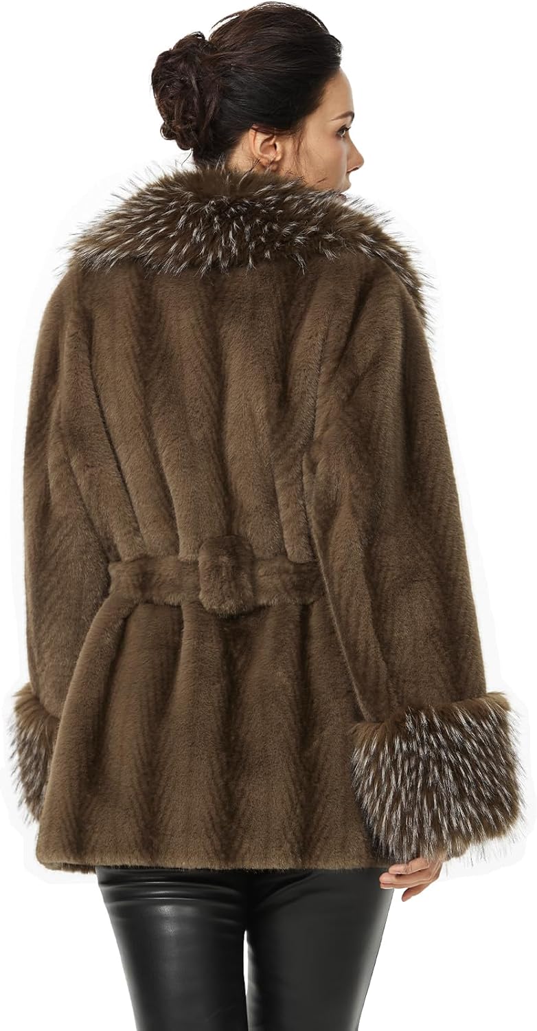 Women's Faux Fur Coat with Belt and Pockets Stylish Large Lapel Winter Short Fur Jacket