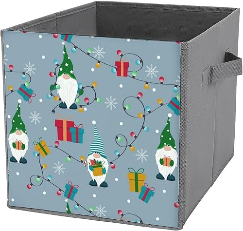 Christmas Gnomes Lights Cube Storage Bins Cute Snowflake Gift 11 Inch Storage Cubes Foldable Decorative Fabric Storage Baskets for Organizing Home