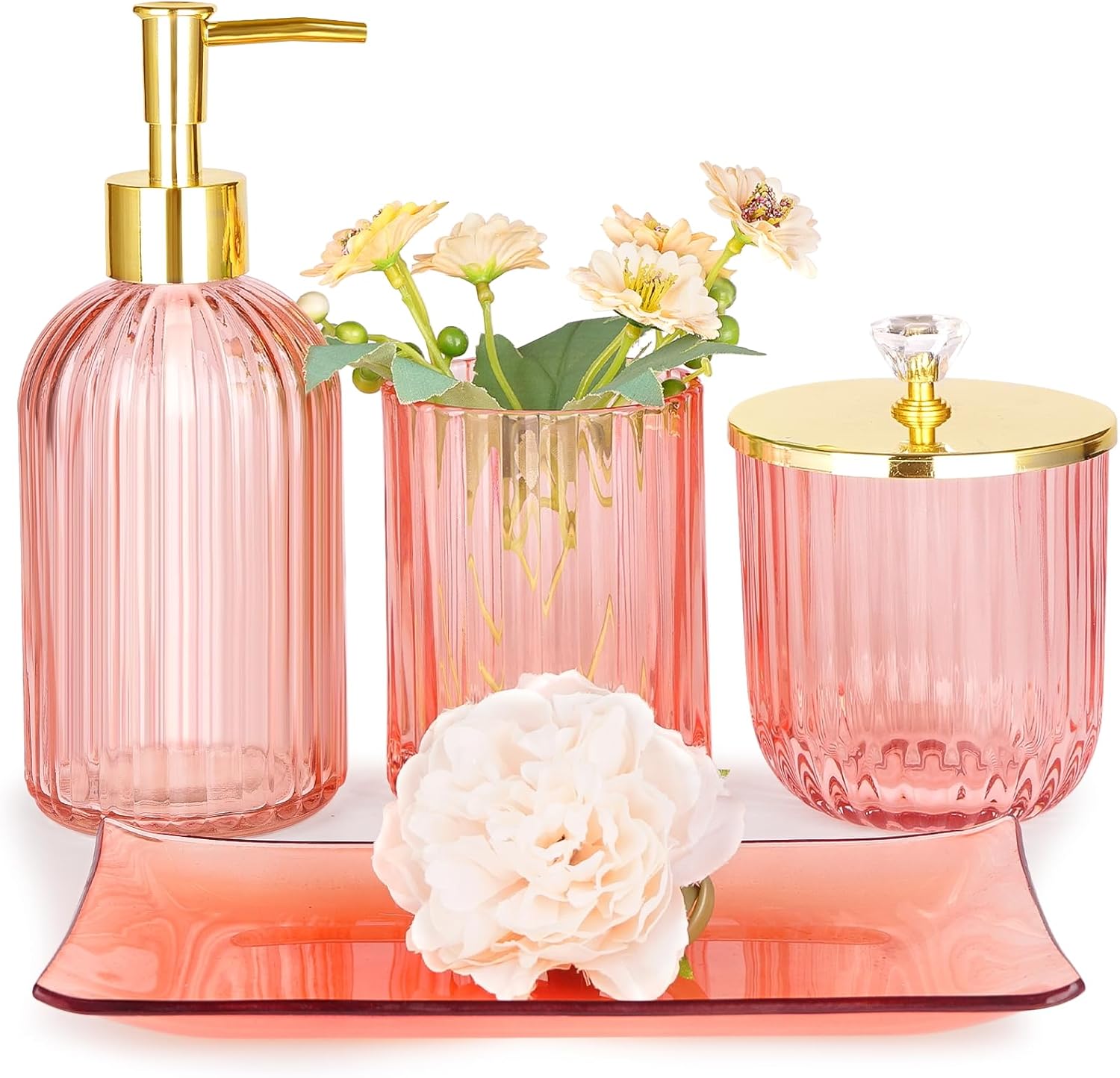 Bathroom Accessories Set, 4 Pcs Pink Glass Bathroom