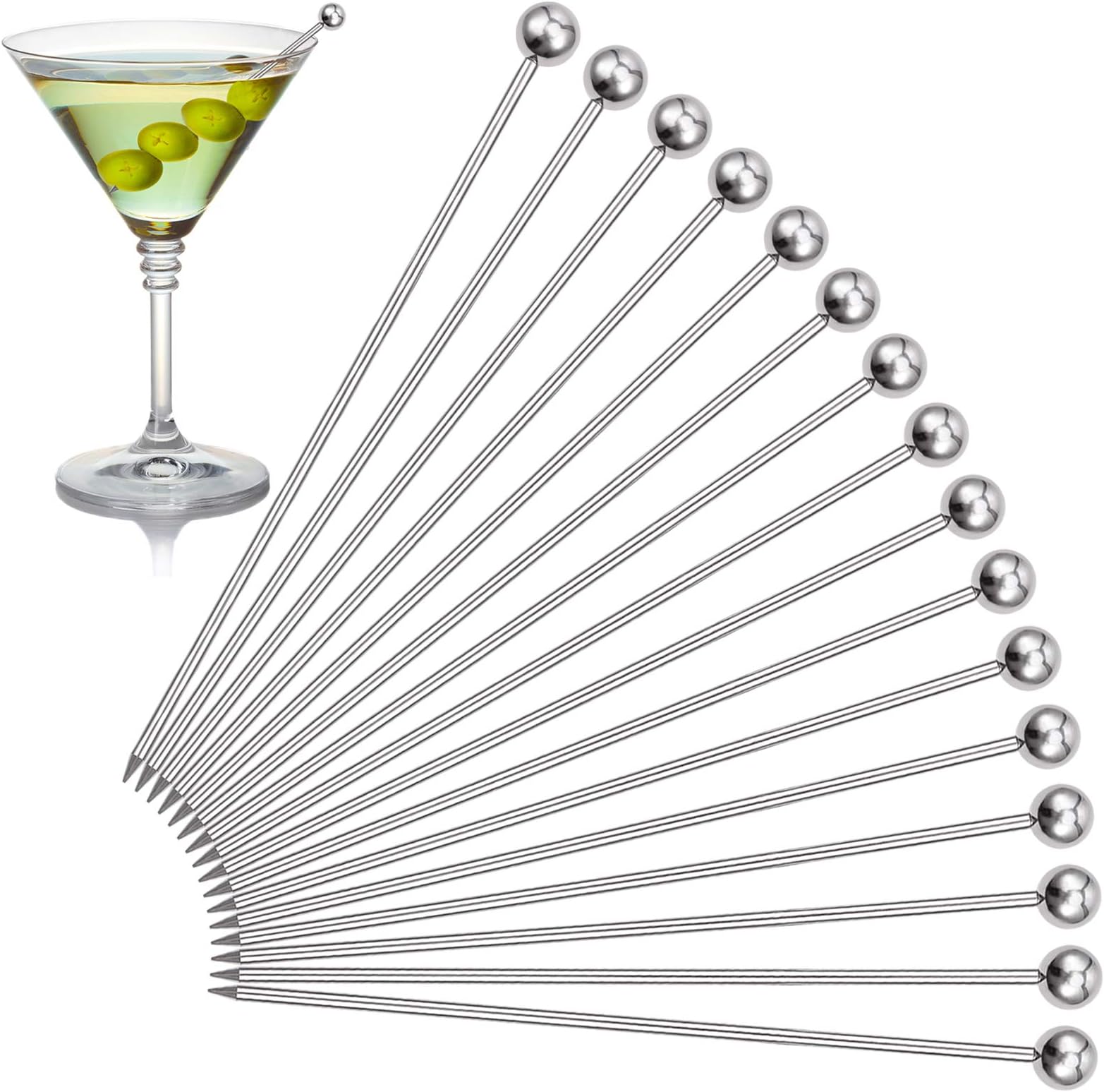 Bar Picks for Drinks - Rustless and Dishwasher Safe - 16PCS Upgrade Reusable Stainless Steel Martini Olive Cocktail Picks