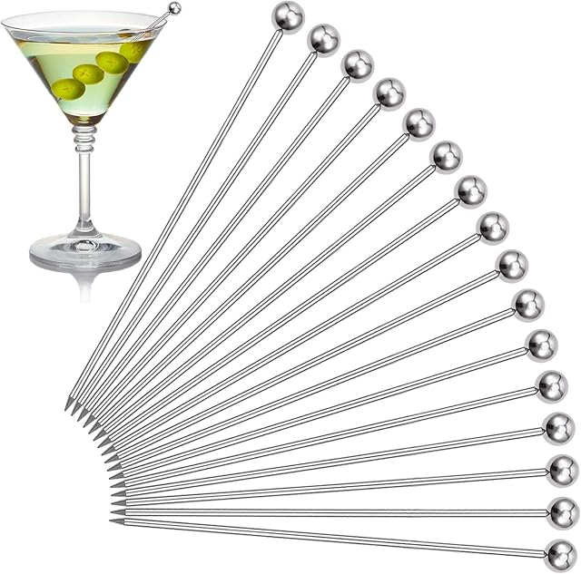 Cocktail Picks, 16PCS Upgrade Stainless Steel Toothpicks Martini Olive Skewers, Reusable Metal Drinks Skewers Garnish Sticks