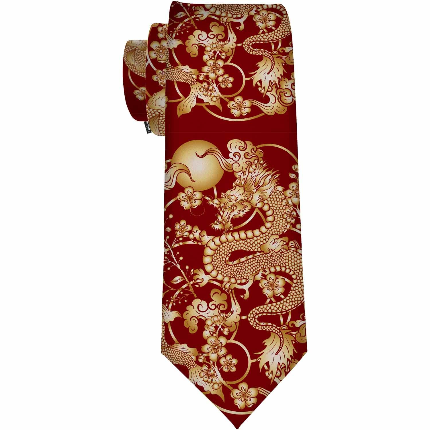 Yekiua Chinese Dragon Men's Tie Peach Blossom Cloud Tattoo Fish Carp Tiger Formal Business Wedding Neckties Ties For Men Red Gold, Chinese Dragon, One size