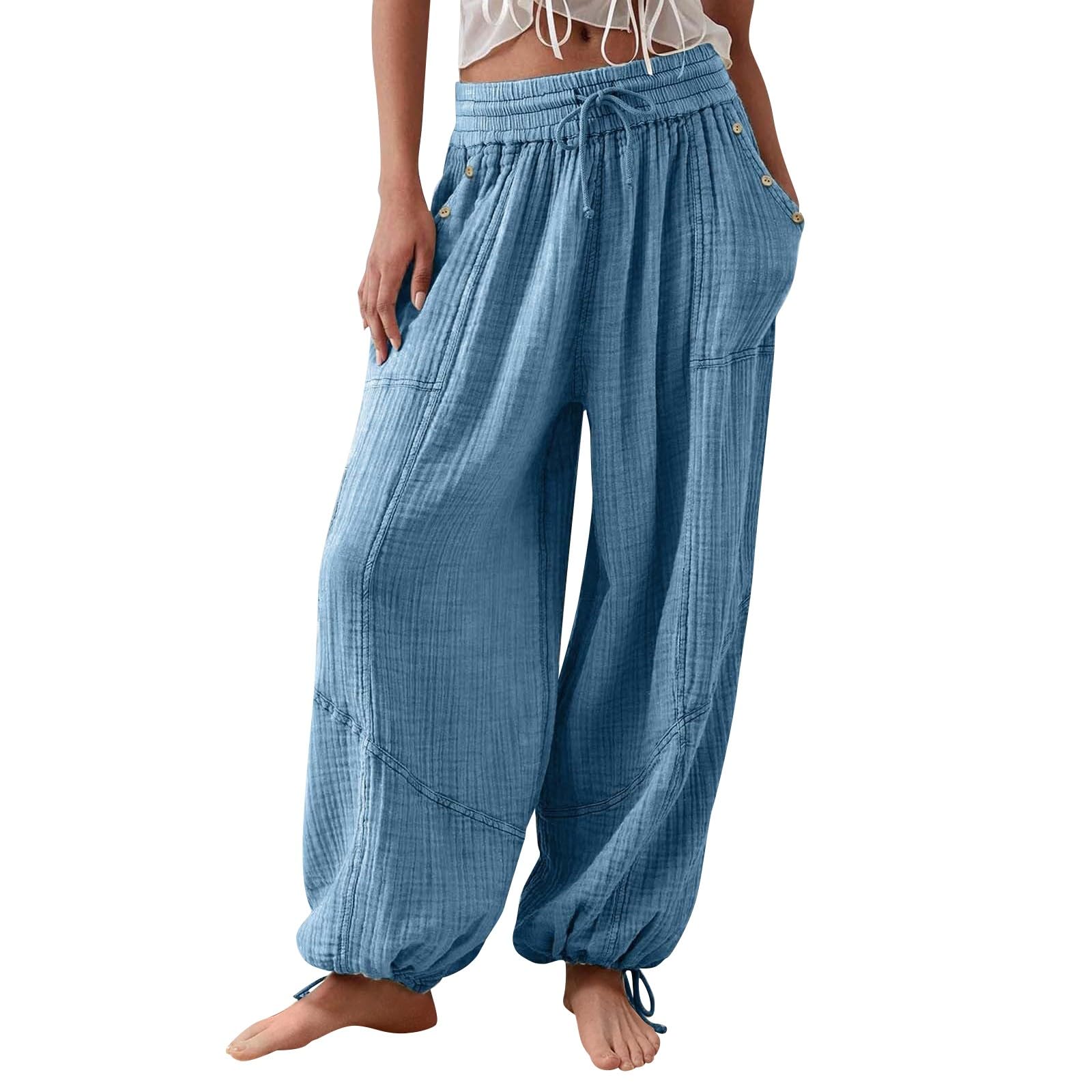 Generic Palazzo Pants for Women Oversized High Waist Drawstring Baggy Harem Linen Wide Leg Beach Trousers with Pockets