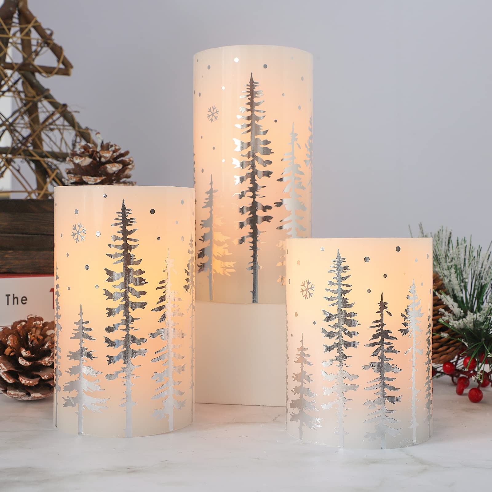 REVELBUNNY Christmas Tree LED Candles, Battery Operated Flickering Flameless Candles with Remote Timer, Real Wax Pillar Candles for Holiday Birthday Home Decoration Christmas Gifts, Set of 3
