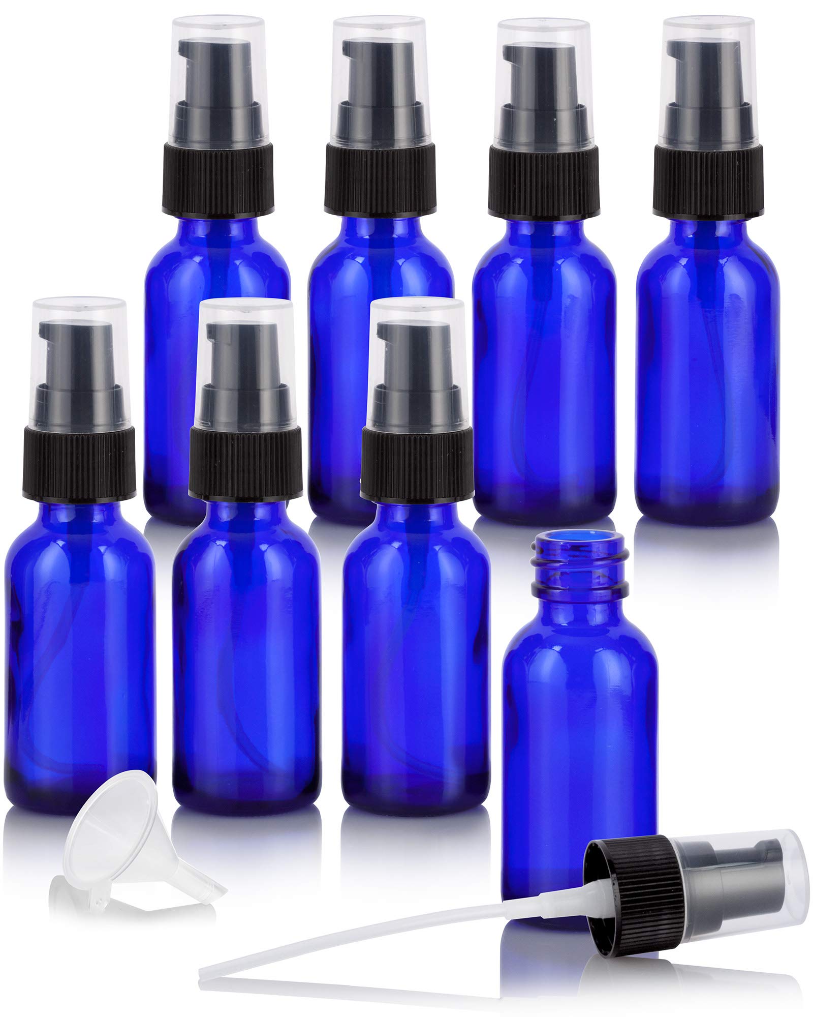JUVITUS 1 oz / 30 ml Cobalt Blue Glass Boston Round Bottle with Black Treatment Pump (8 pack) + Funnel