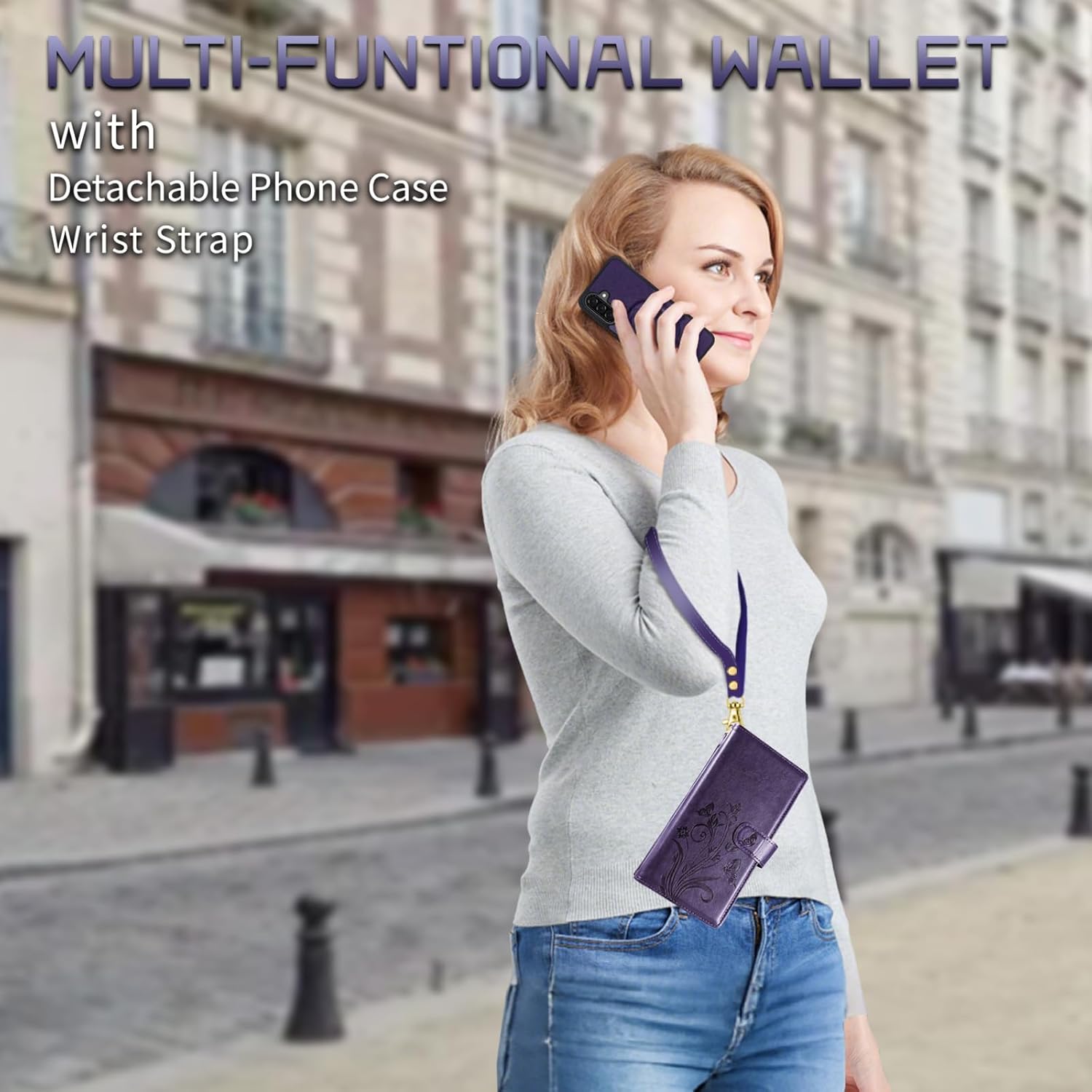 Lacass for Samsung Galaxy A17 / A26 Wallet Case,Compatible with MagSafe 2 in 1 Magnetic Detachable PU Leather Cover with RFID Blocking, Card Holder, Zipper,Wrist Strap,Floral Purple