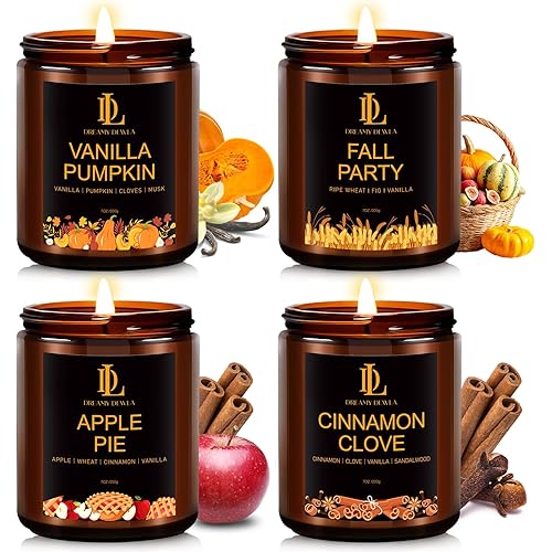Fall Candle Set, Fall Scented Candles for Home, 4 Pack Soy Candle Set, Autumn Gifts for Women Men, Autumn Scents of Vanilla Pumpkin/Cinnamon Clove/Apple Pie/Fall Party