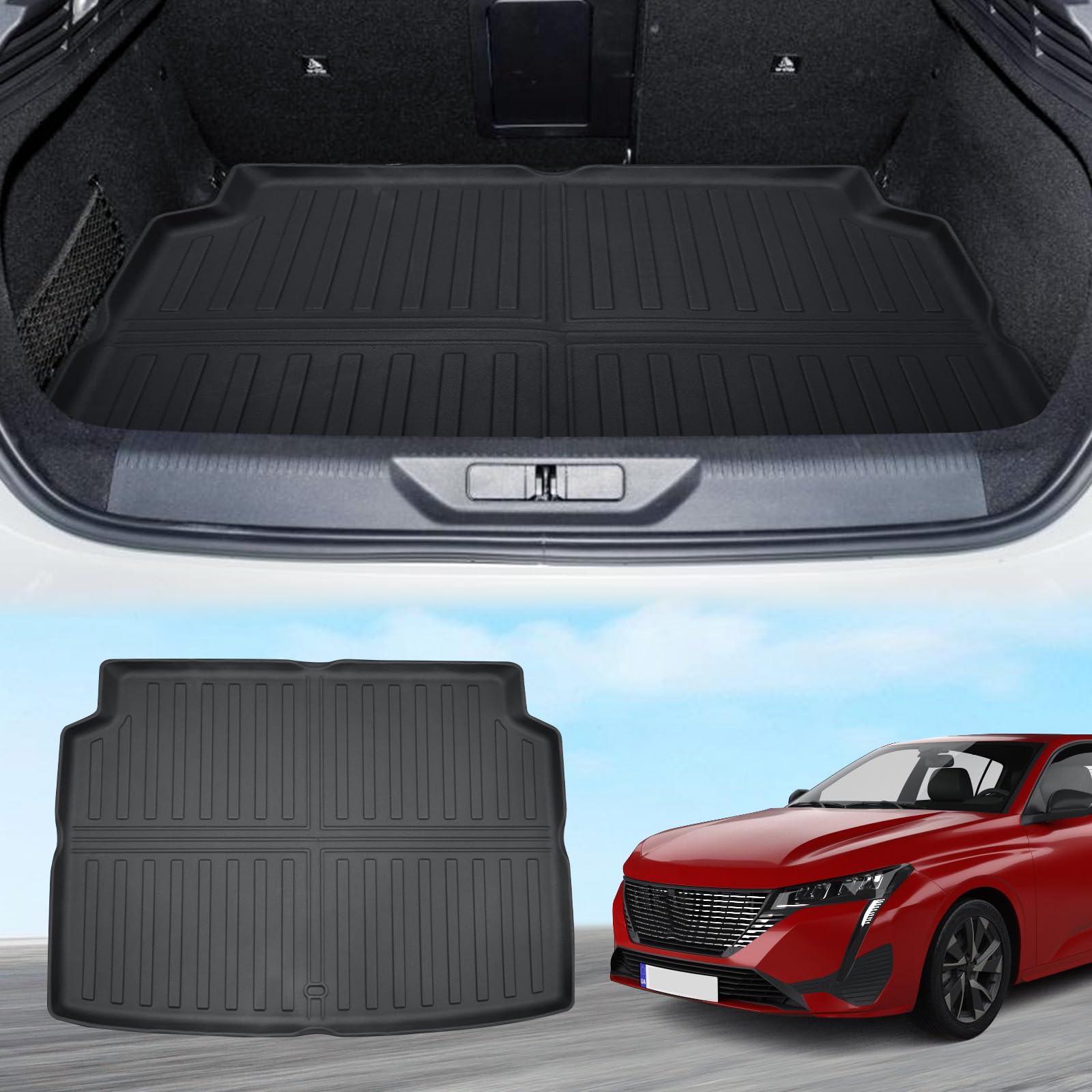 ECOZEN Tapis de Coffre Peugeot 308 III Hybride/E-308 2022-2026 (hayon 5 Portes [S-W Non Applicable]) 3D Scan TPE Tapis 3 Caoutchouc antidérapant imperméable Bord Haut Toutes Saisons Bac de Coffre