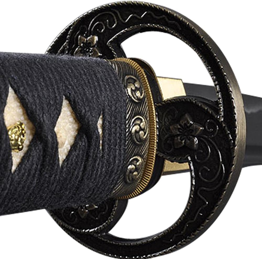 Handmade Sword - Japanese Samurai Katana Swords, Practical, Hand Forged, 1045 Carbon Steel, Heat Tempered, Full Tang, Sharp, Cherry Blossom Tomoe Crest Tsuba, Black Wooden Scabbard