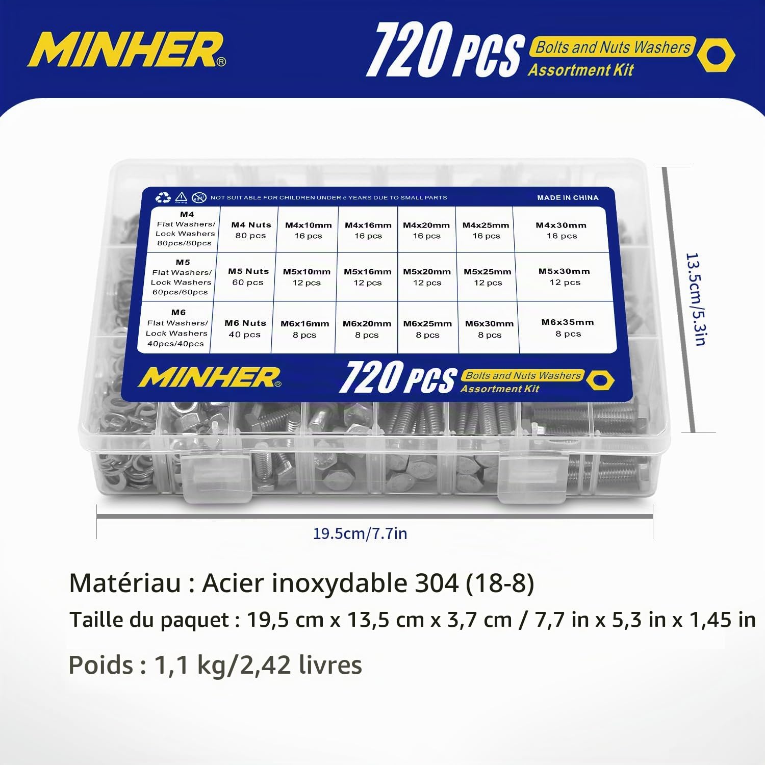 M4 M5 M6 720 PCS Boulons et écrous de Sortilège Rondelles Ensemble 304 Acier Inoxydable de Coin Extérieur Vis Hexagonale