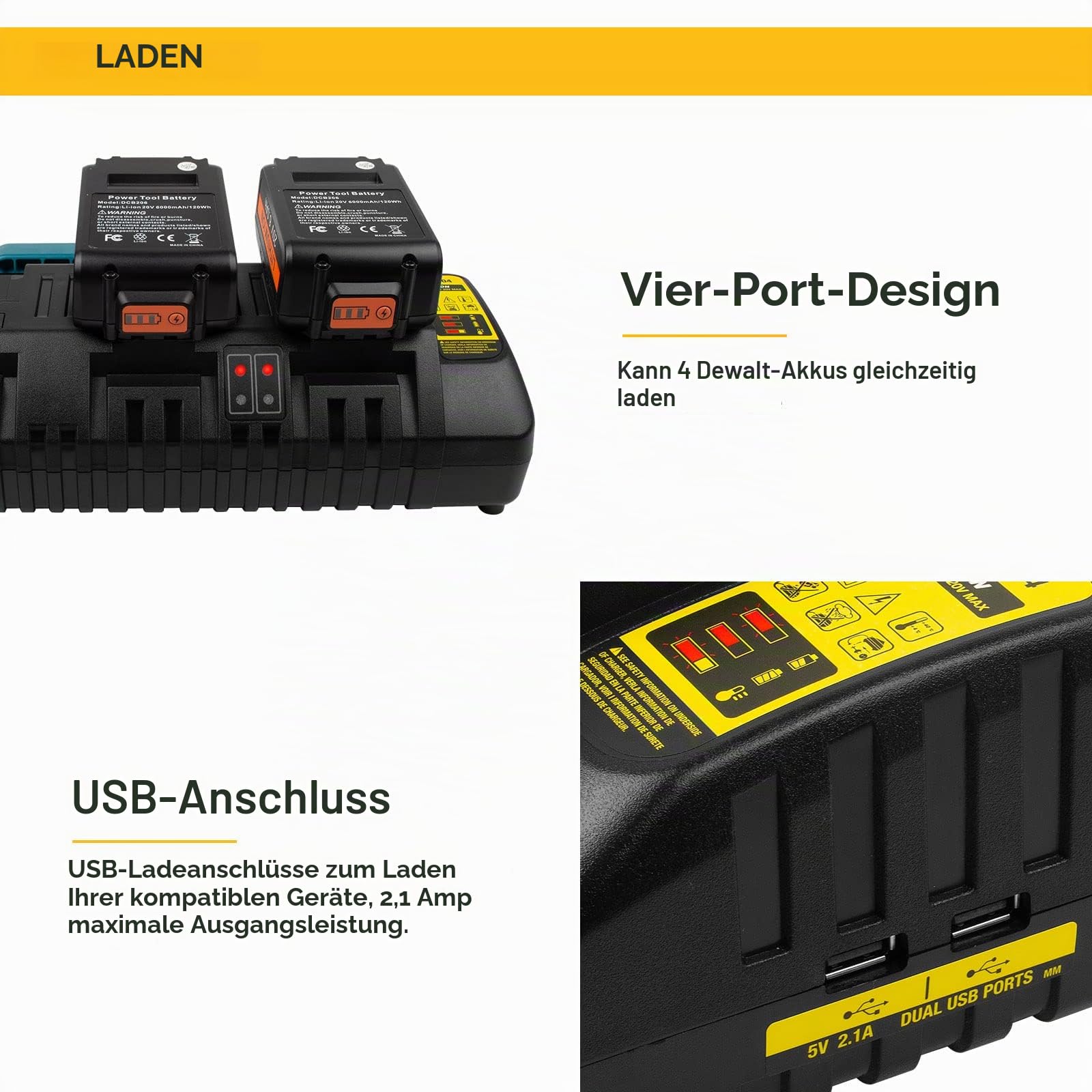ASUNCELL 4 Ports Akku Ladegerät Kompatibel mit Dewalt 18V XR DCB104, 3.0A 12V-20V MAX Li-Ion Schnell-Ladegerät Kompatibel mit Dewalt 18V DCB-Akku Ersatz-Ladegerät (mit 2 2.1A USB Ports)