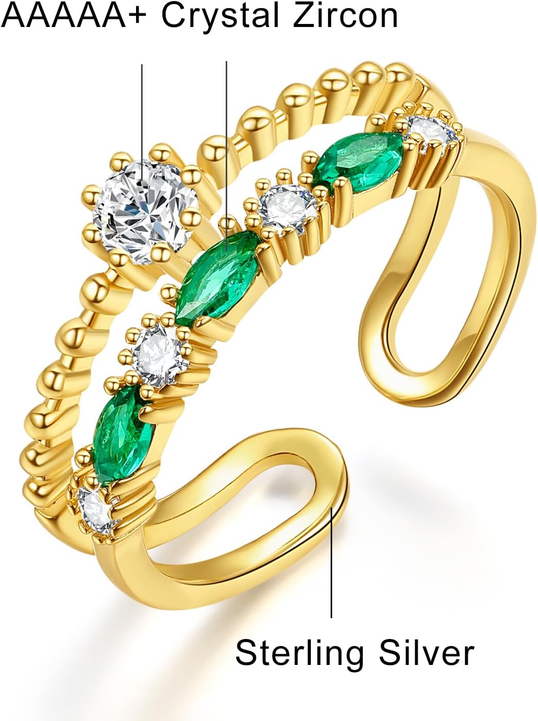 Rings Silver Accessory for Women Green Cubic Zirconia Adjustable Stackable Trendy Dainty Vintage Ring Gifts