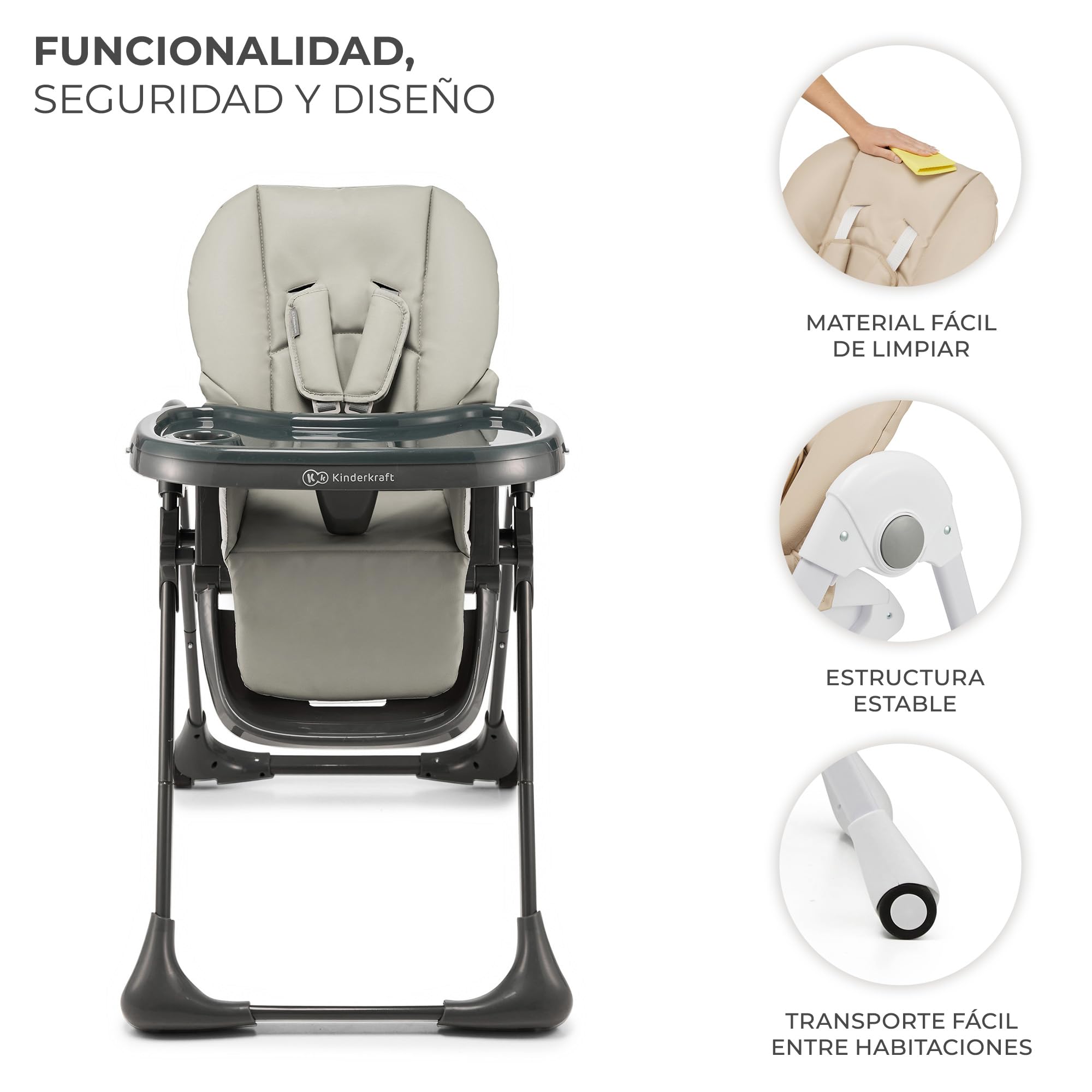 Kinderkraft TUMMIE Trona Bebé, 2 en 1, trona para niños, trona combinada, Asiento desde los primeros meses de vida, reposapiés, Posición tumbada, con juguetes, ajustable, Gris