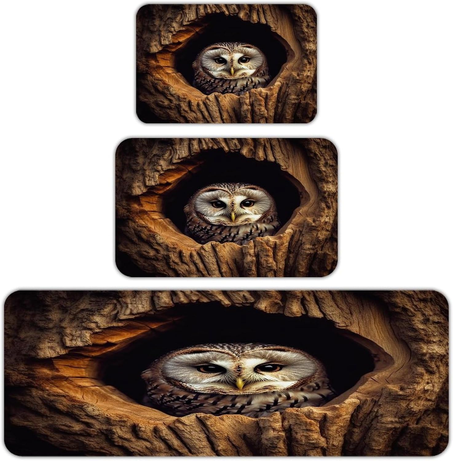 Owl Tree Hole Kitchen Mat Set of 3 Waterproof Floor Mats Non-Slip Kitchen Rugs Premium Flannel Rug Heavy Duty Standing Mat for Kitchen Home Bathroom Laundry