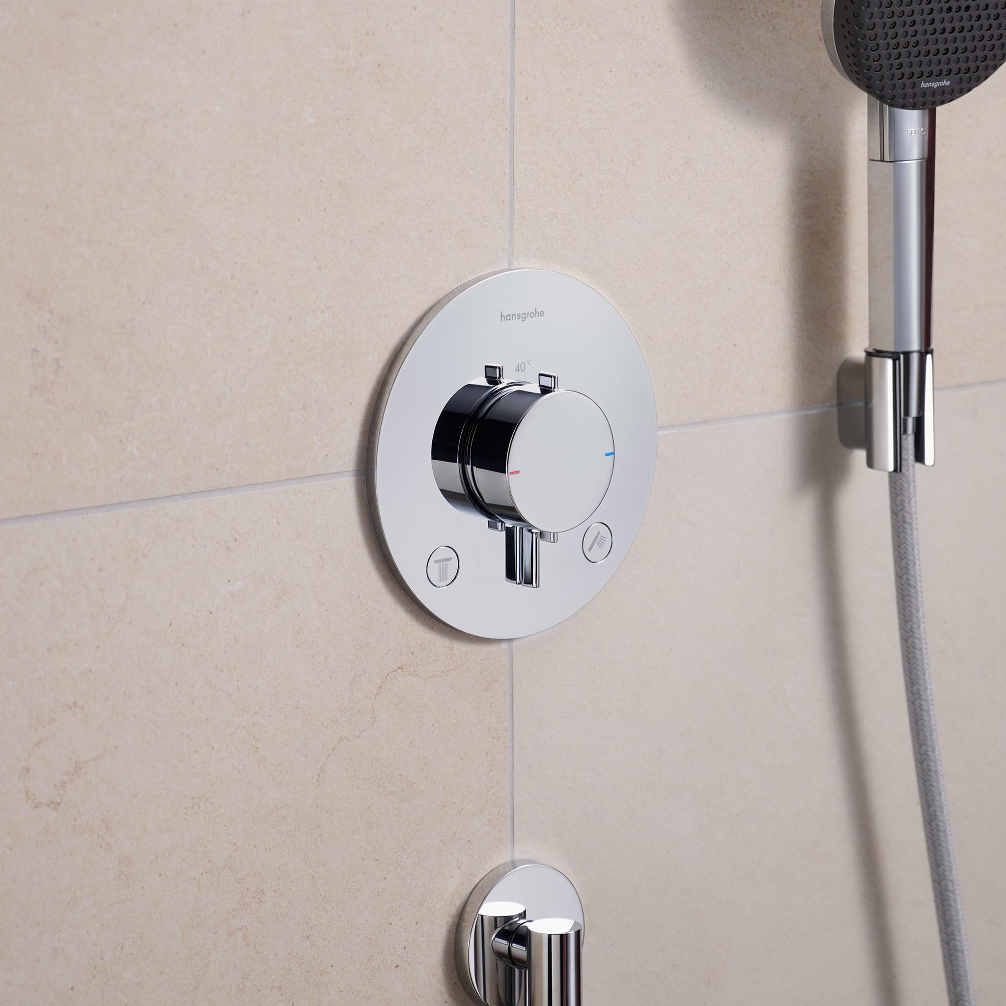 hansgrohe Ecostat Comfort S - Miscelatore termostatico incasso, Rubinetto termostatico con blocco di sicurezza (SafetyStop) a 40° C, Termostato rotondo, 2 utenze, cromo, 33715000
