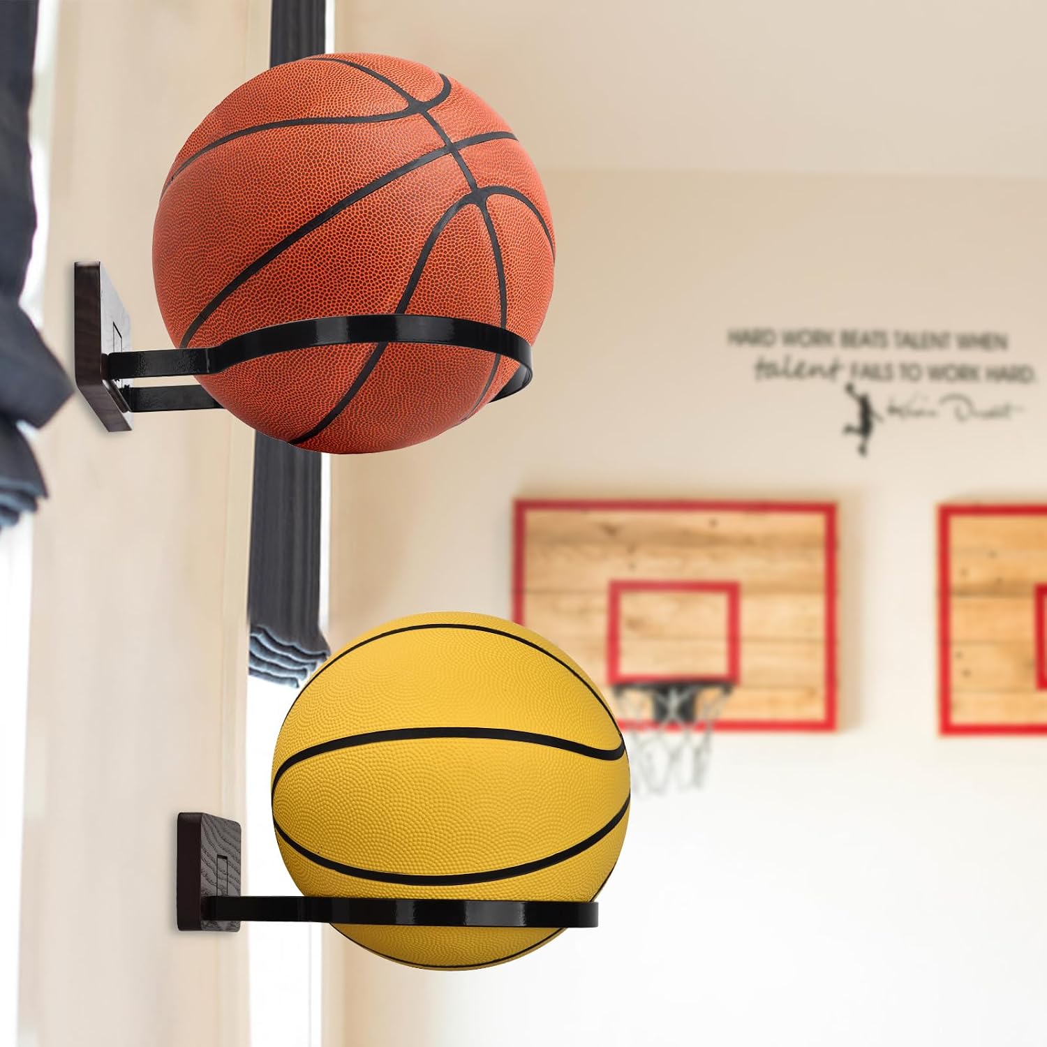 Black Walnut Basketball Holder Wall Mount Display Rack, 3 Packs