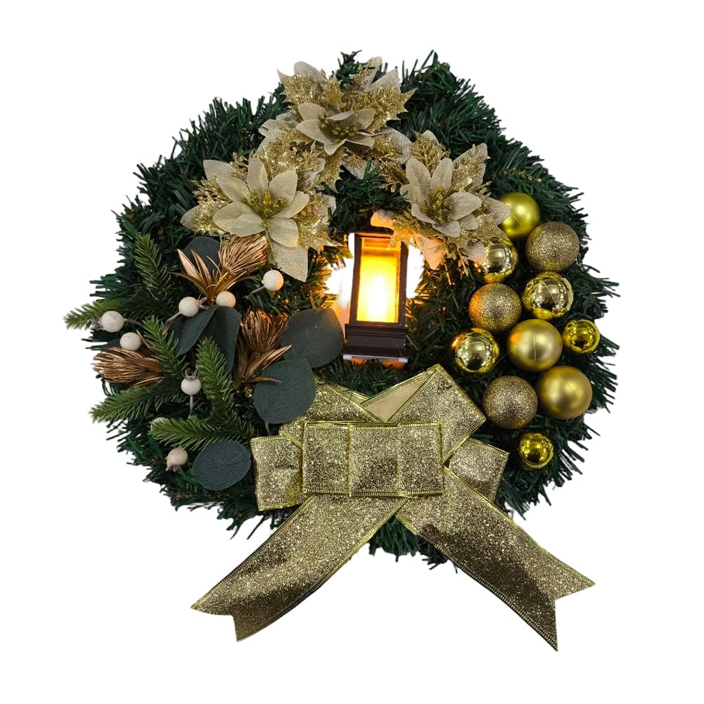 Haowul Christmas Wreaths for Front Door, Lighted Christmas Wreath with Led Lantern, Front Door Christmas Wreath for Christmas Party Home Decoration