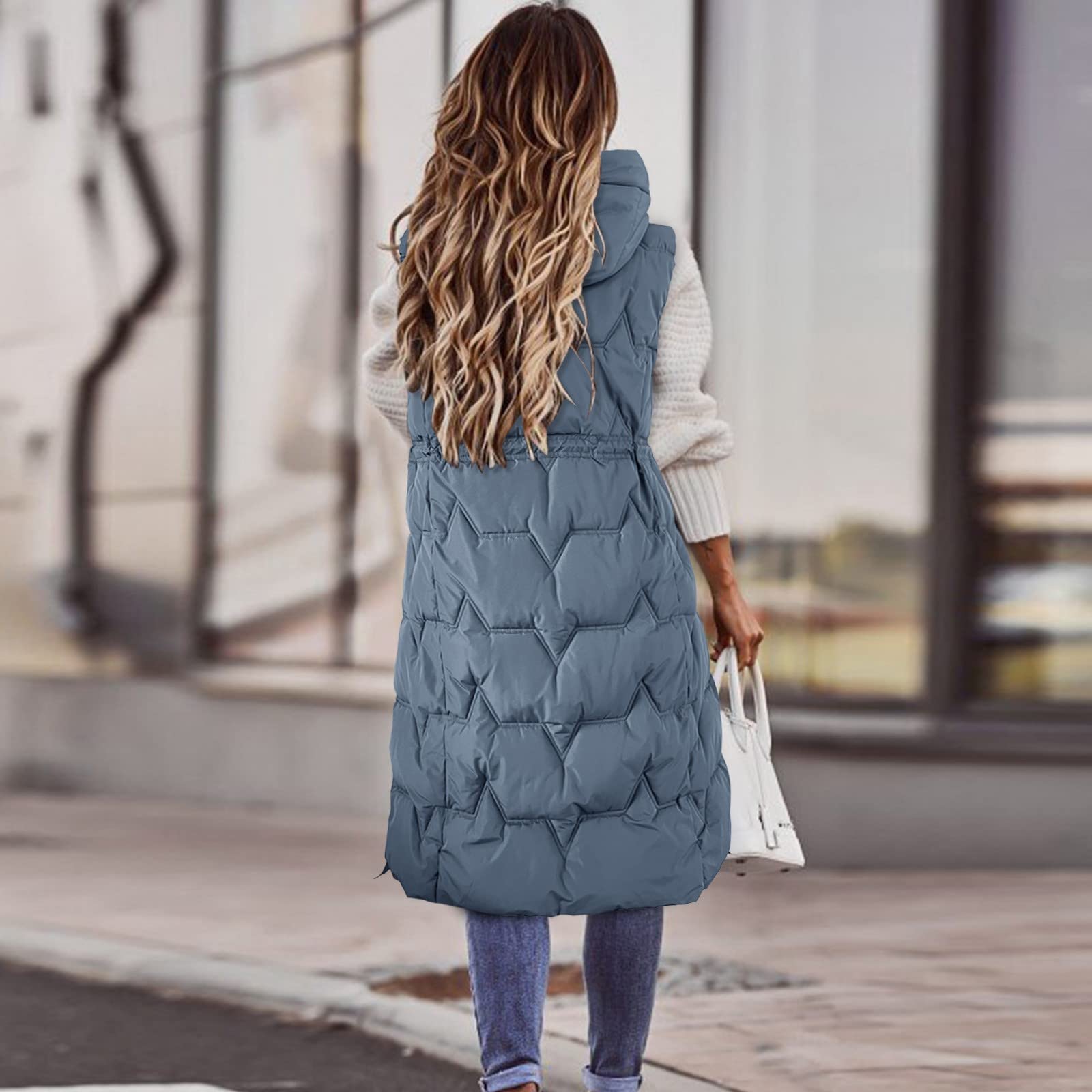 Steppweste Damen Lang Ärmellos Weste Mit Kapuze Wa Produktbild-Vorschau 11