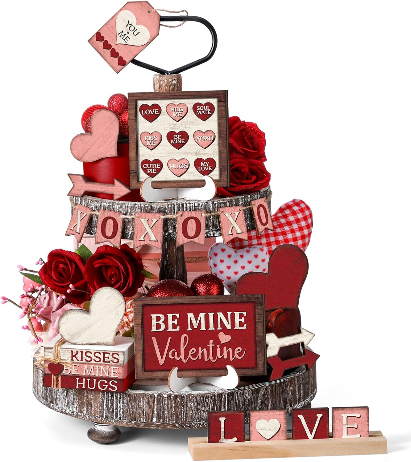 Marsui 19 Pcs Rustic Red and Pink Valentine's Day Tiered Tray Decor Set, Heart Wood Signs with Love XOXO Be Mine, Rustic Valentine's Day Home Decor for Kitchen Living Room